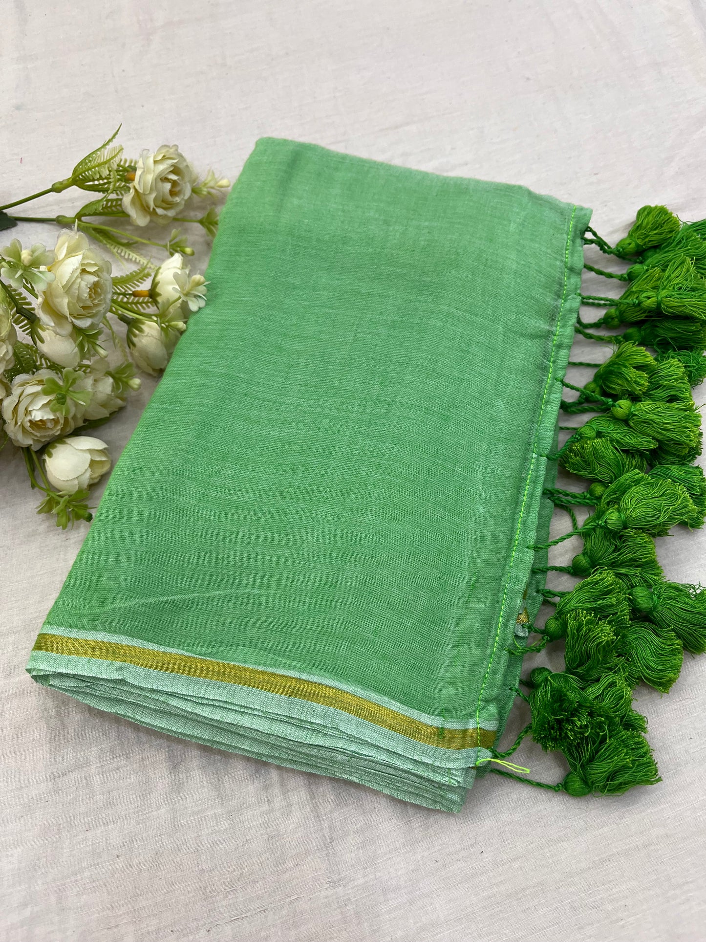 Kheera Green Gold Zari Border Mulmul Saree