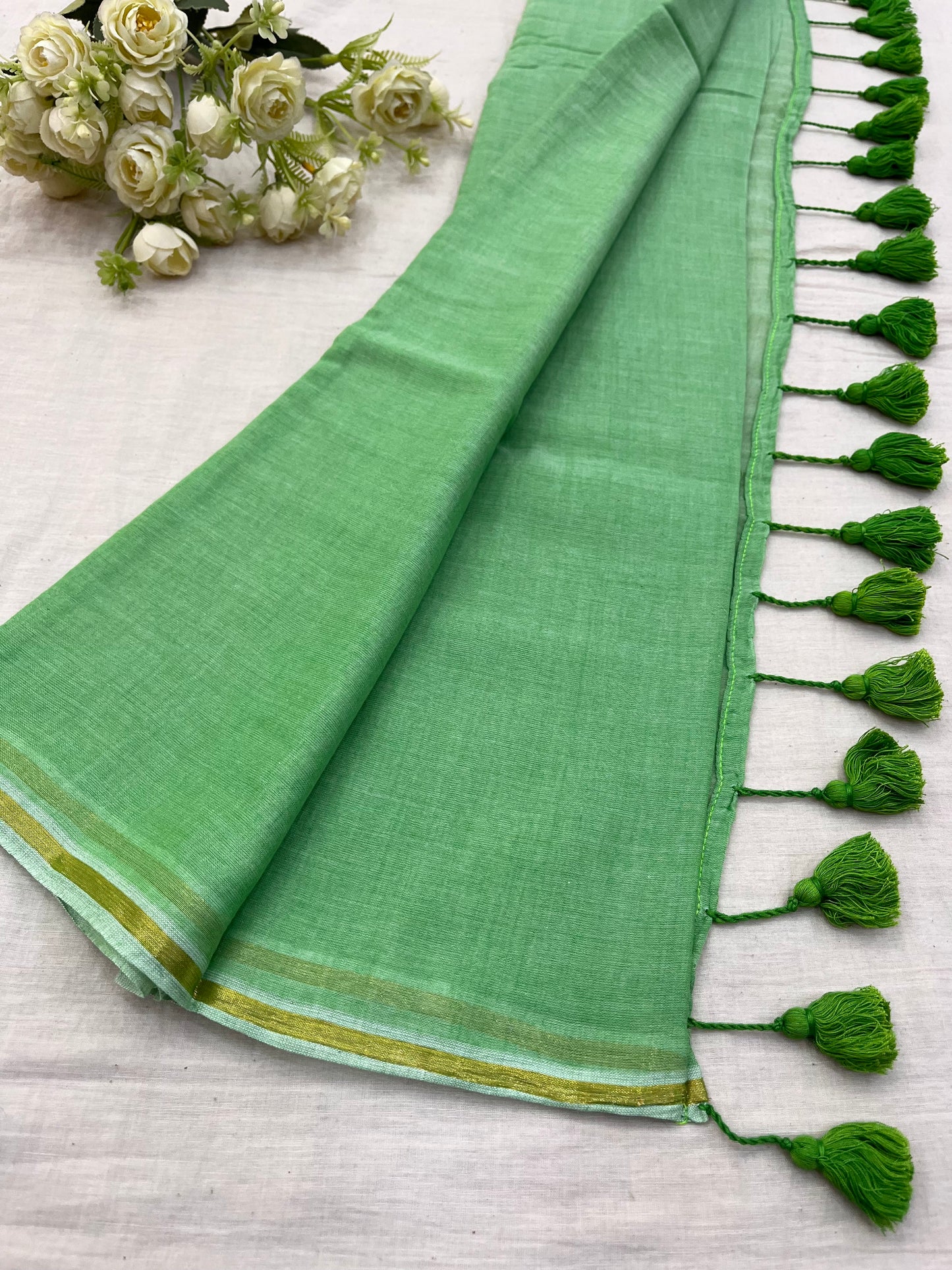 Kheera Green Gold Zari Border Mulmul Saree