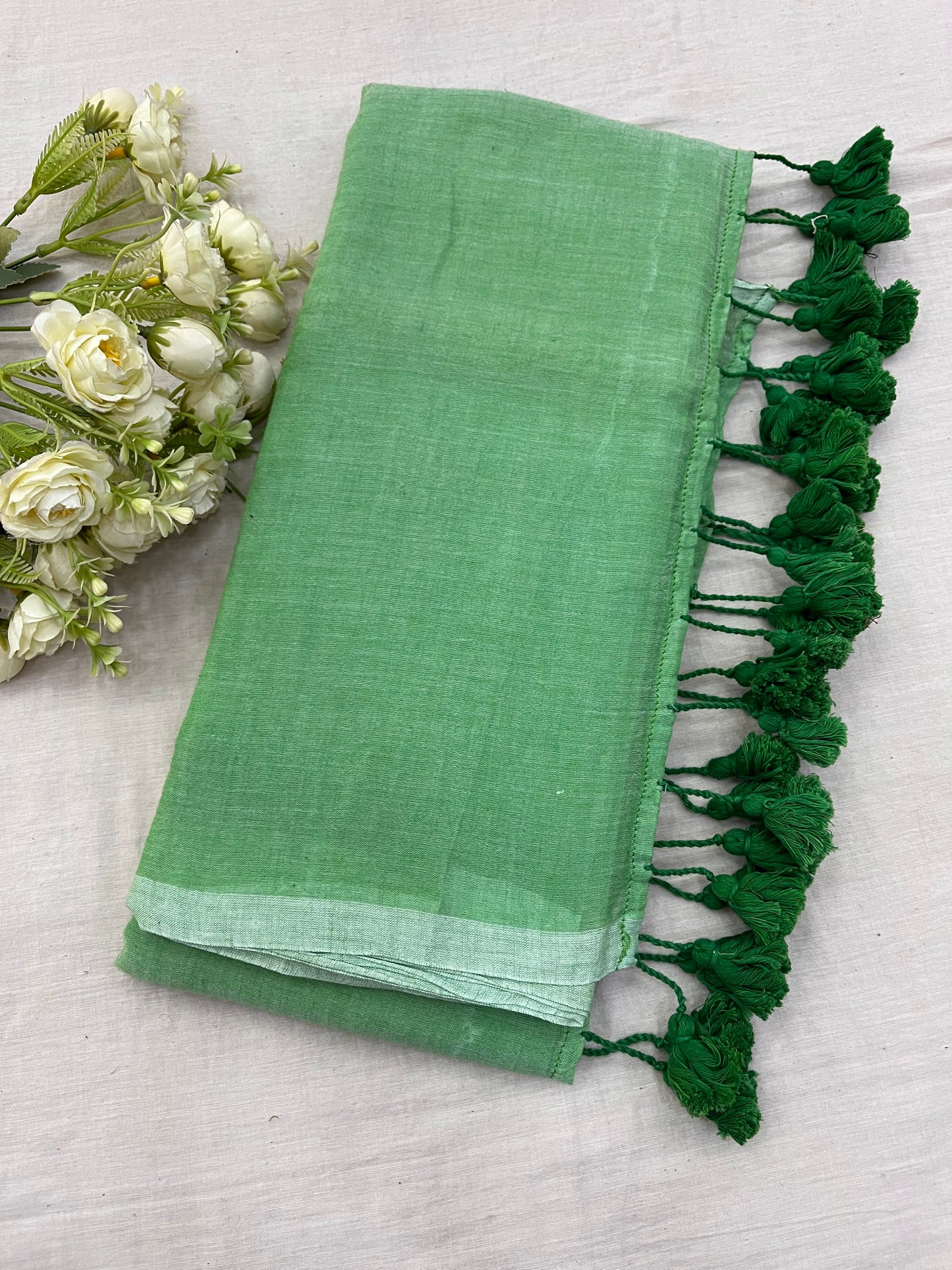 Kheera Green Mulmul Saree With Tassels