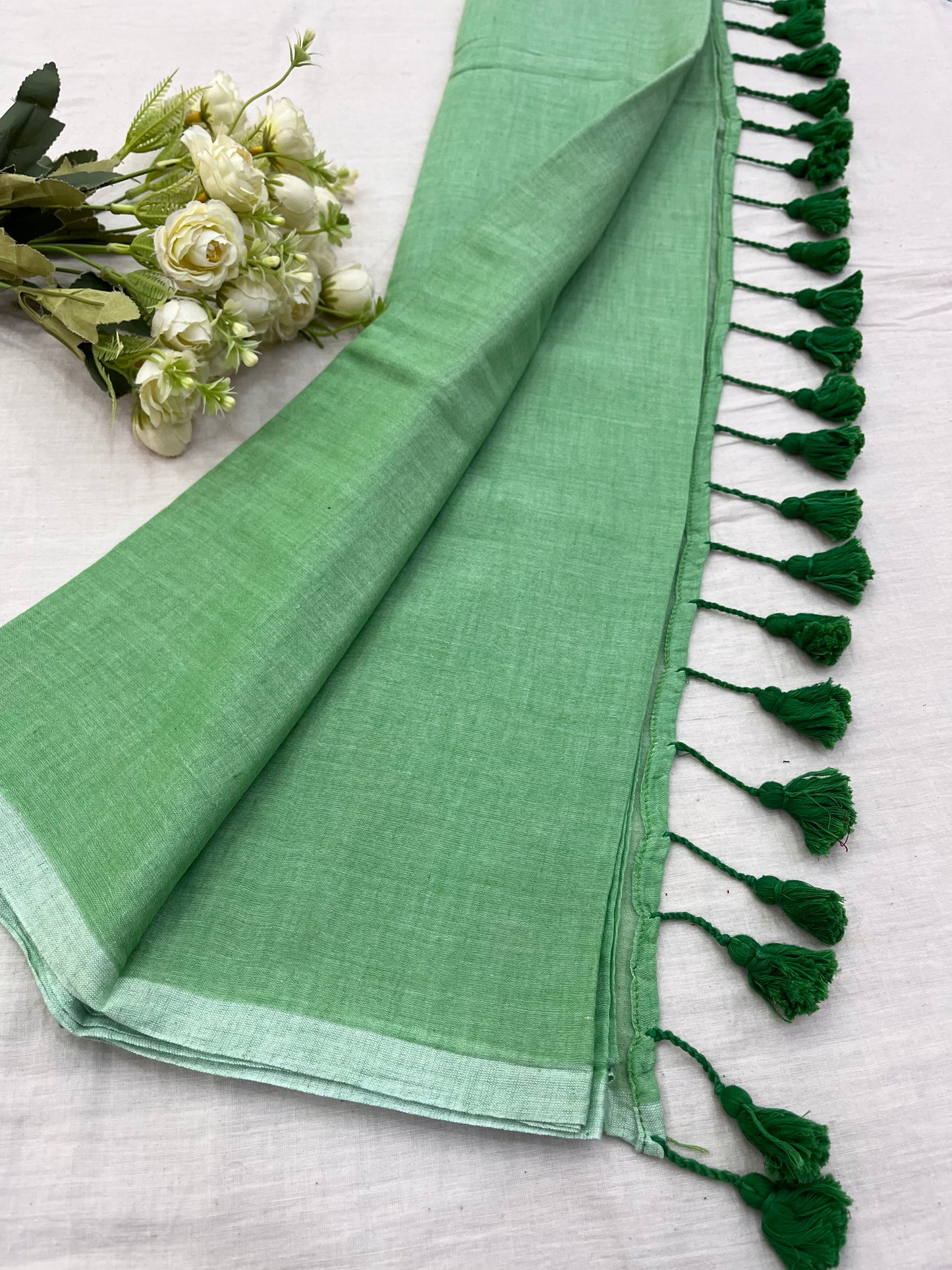 Kheera Green Mulmul Saree With Tassels