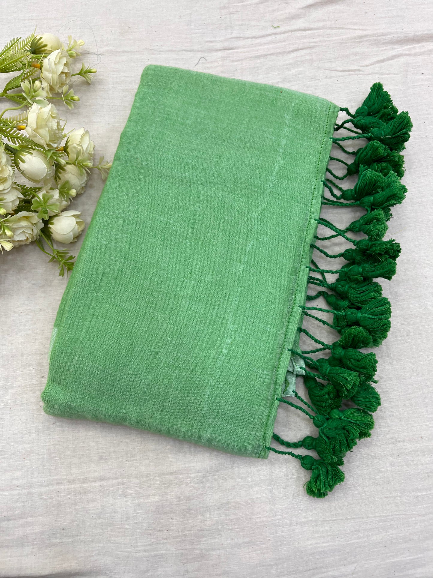 Kheera Green Mulmul Saree With Tassels