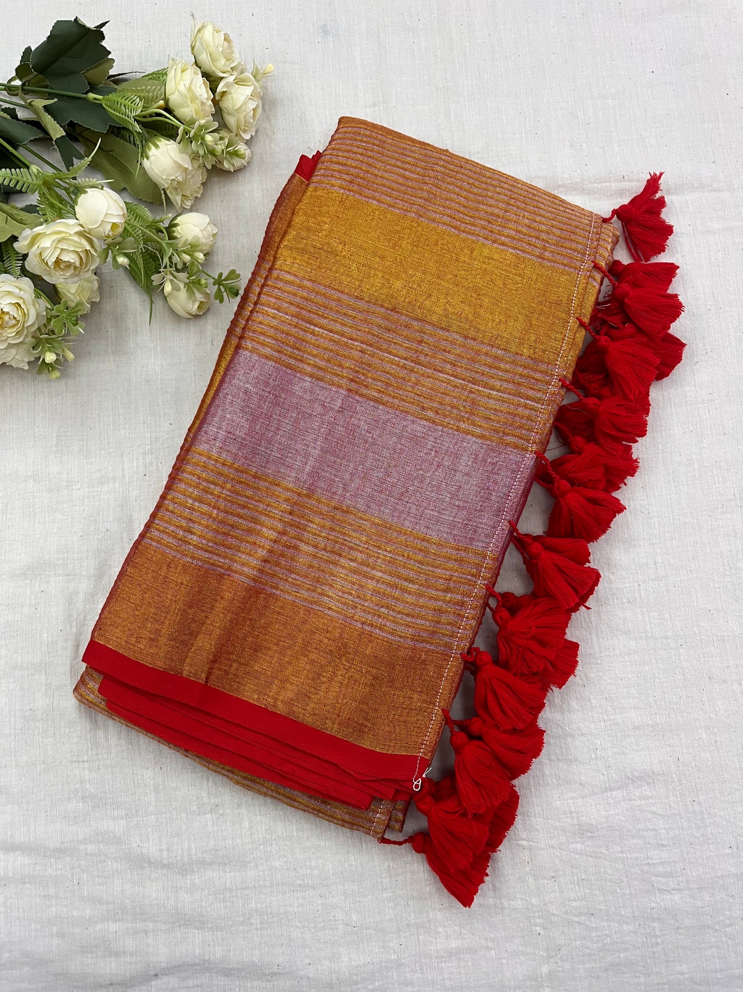 Gold Tissue Red Mulmul Saree