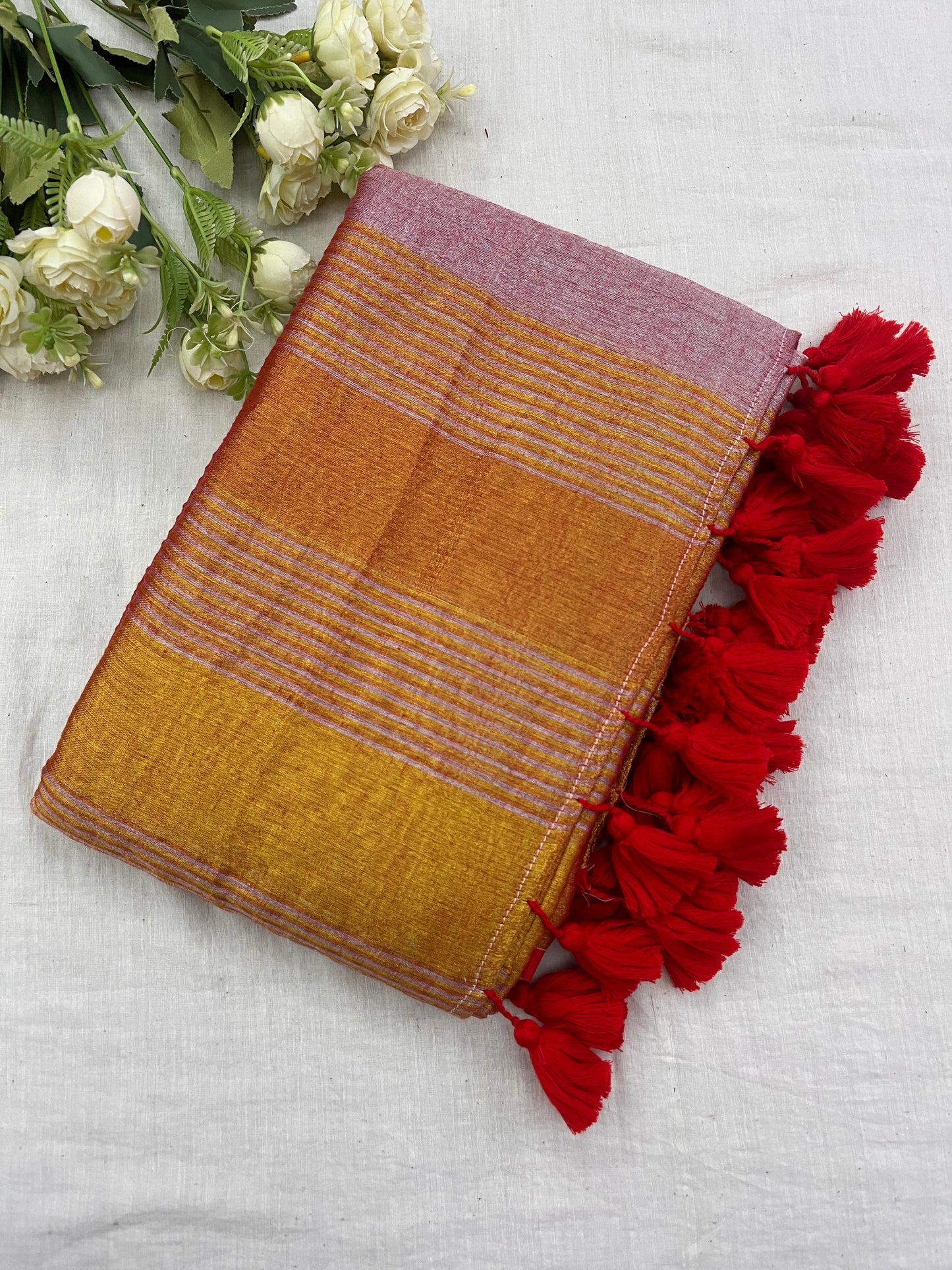 Gold Tissue Red Mulmul Saree