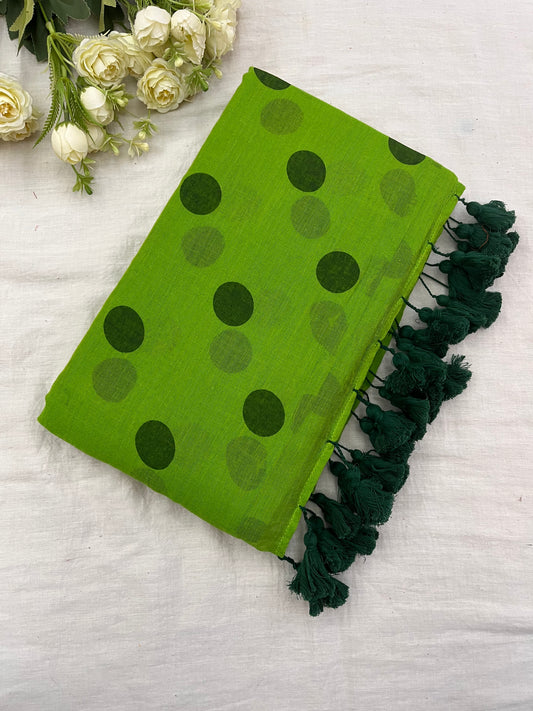 Parrot Green Polka Dot Mulmul Saree