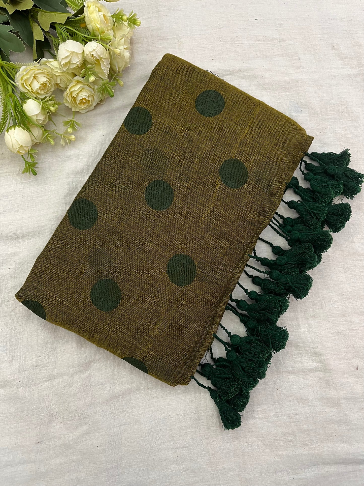 Olive Green Polka Dot Mulmul Saree