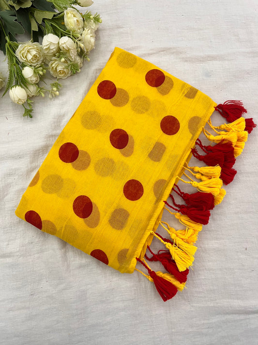 Yellow Red Polka Dot Mulmul Saree