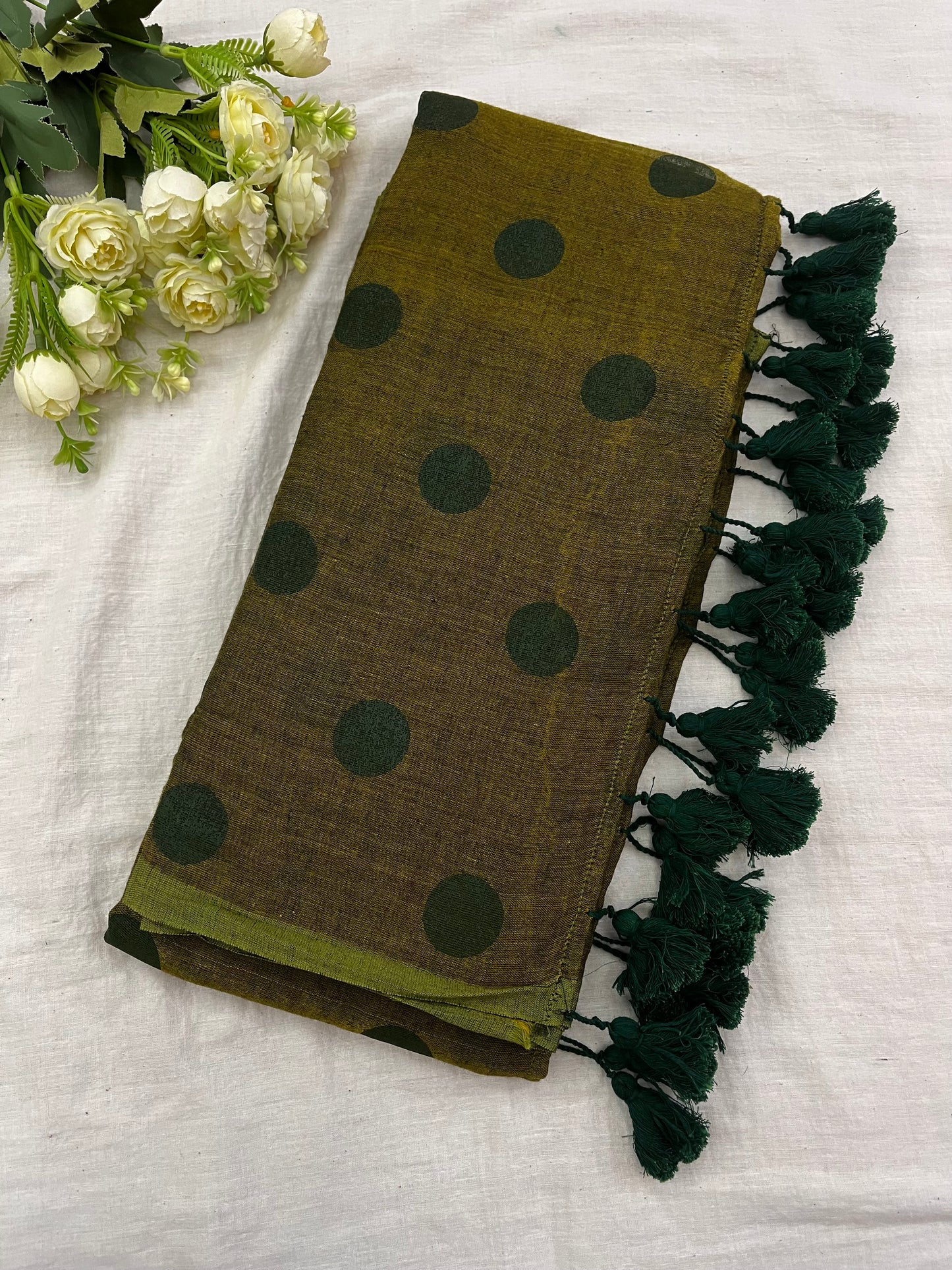 Olive Green Polka Dot Mulmul Saree