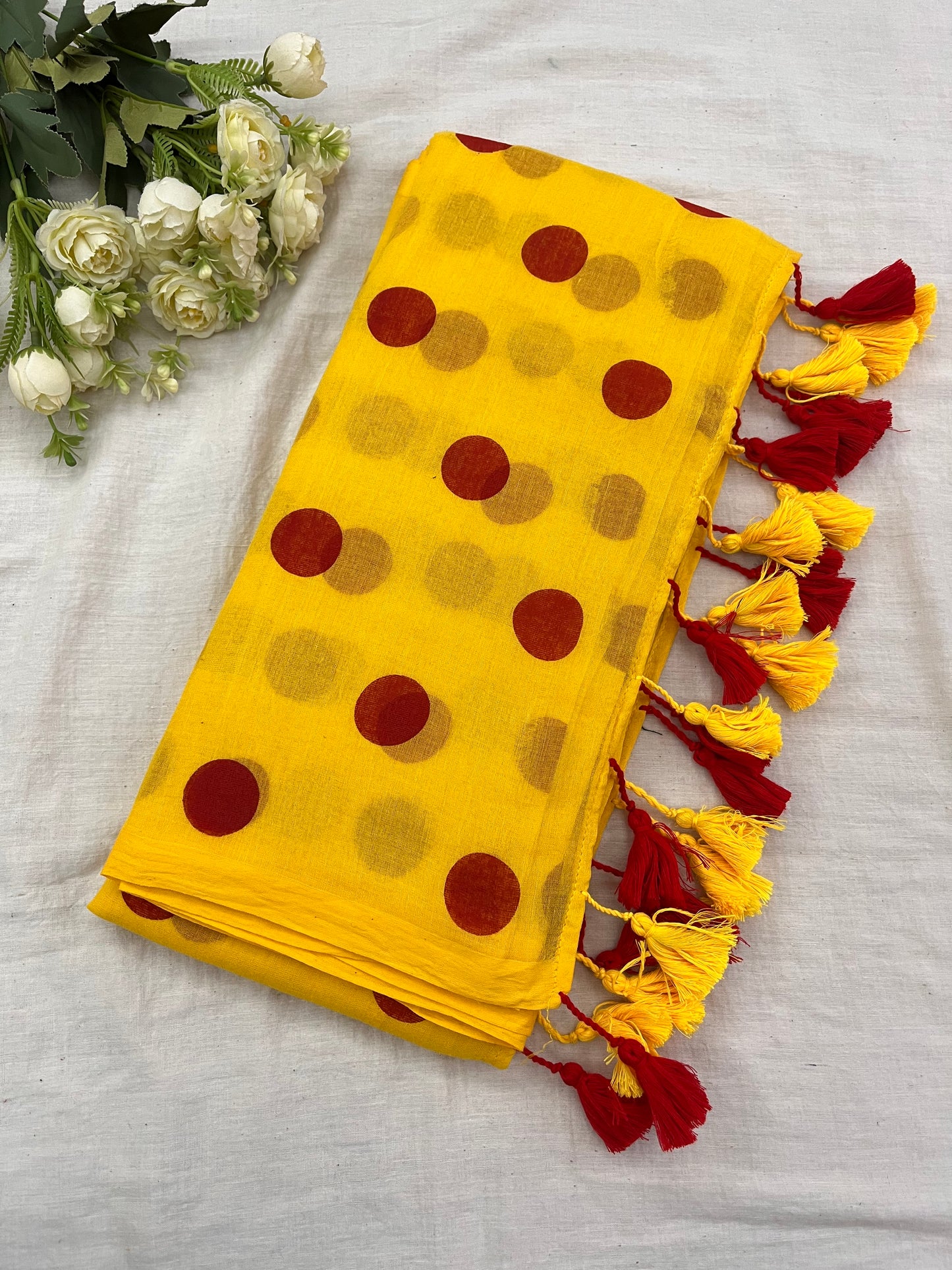 Yellow Red Polka Dot Mulmul Saree