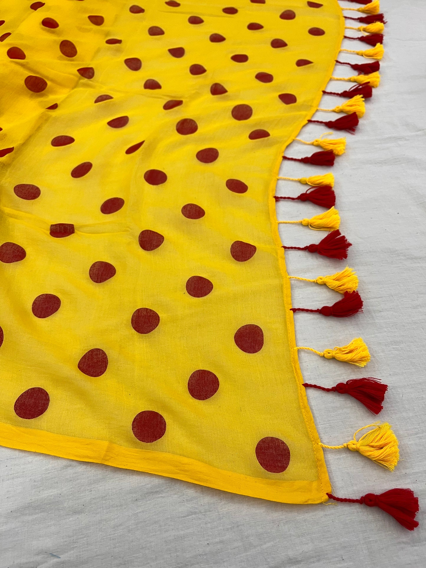 Yellow Red Polka Dot Mulmul Saree