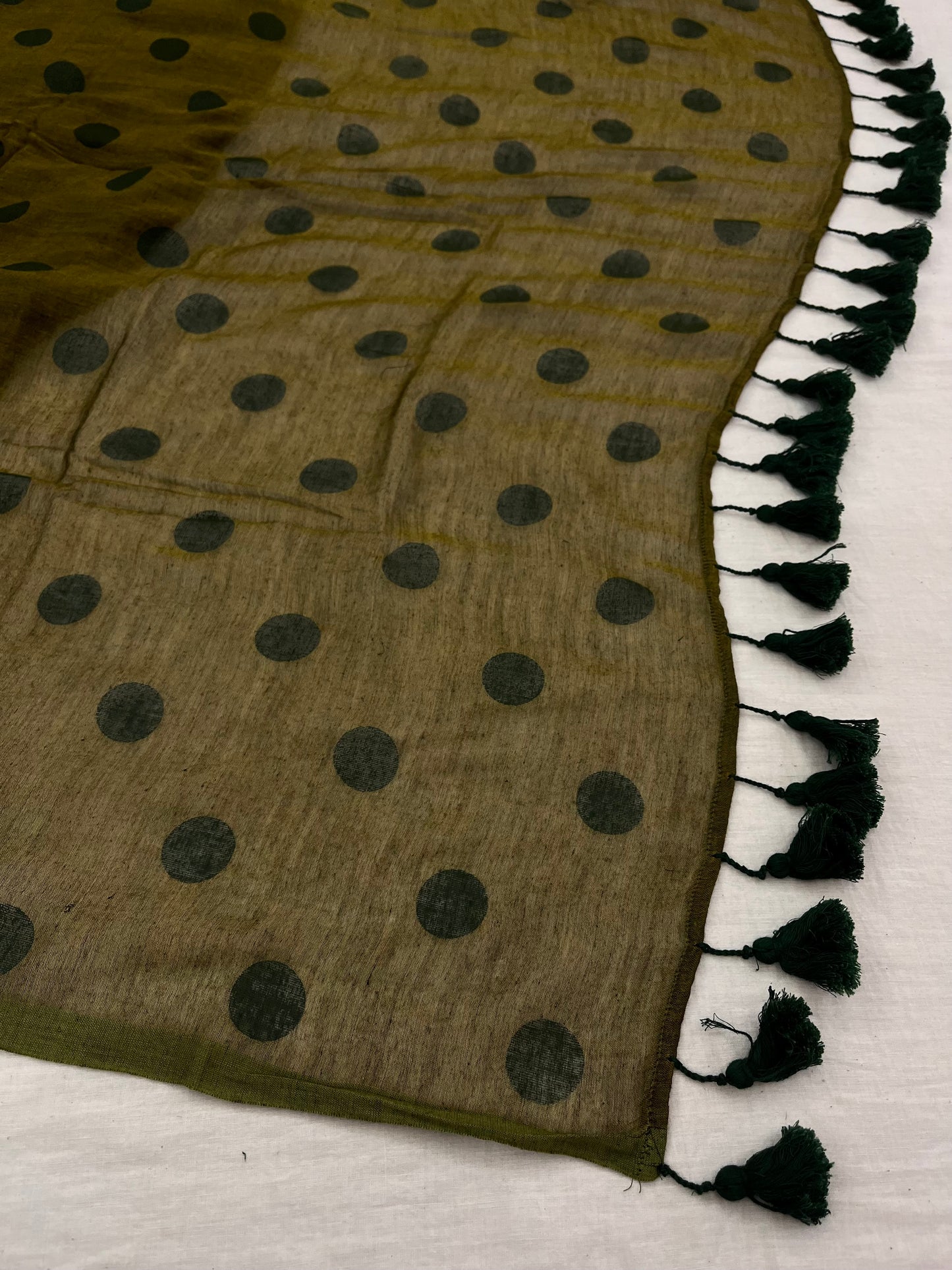 Olive Green Polka Dot Mulmul Saree