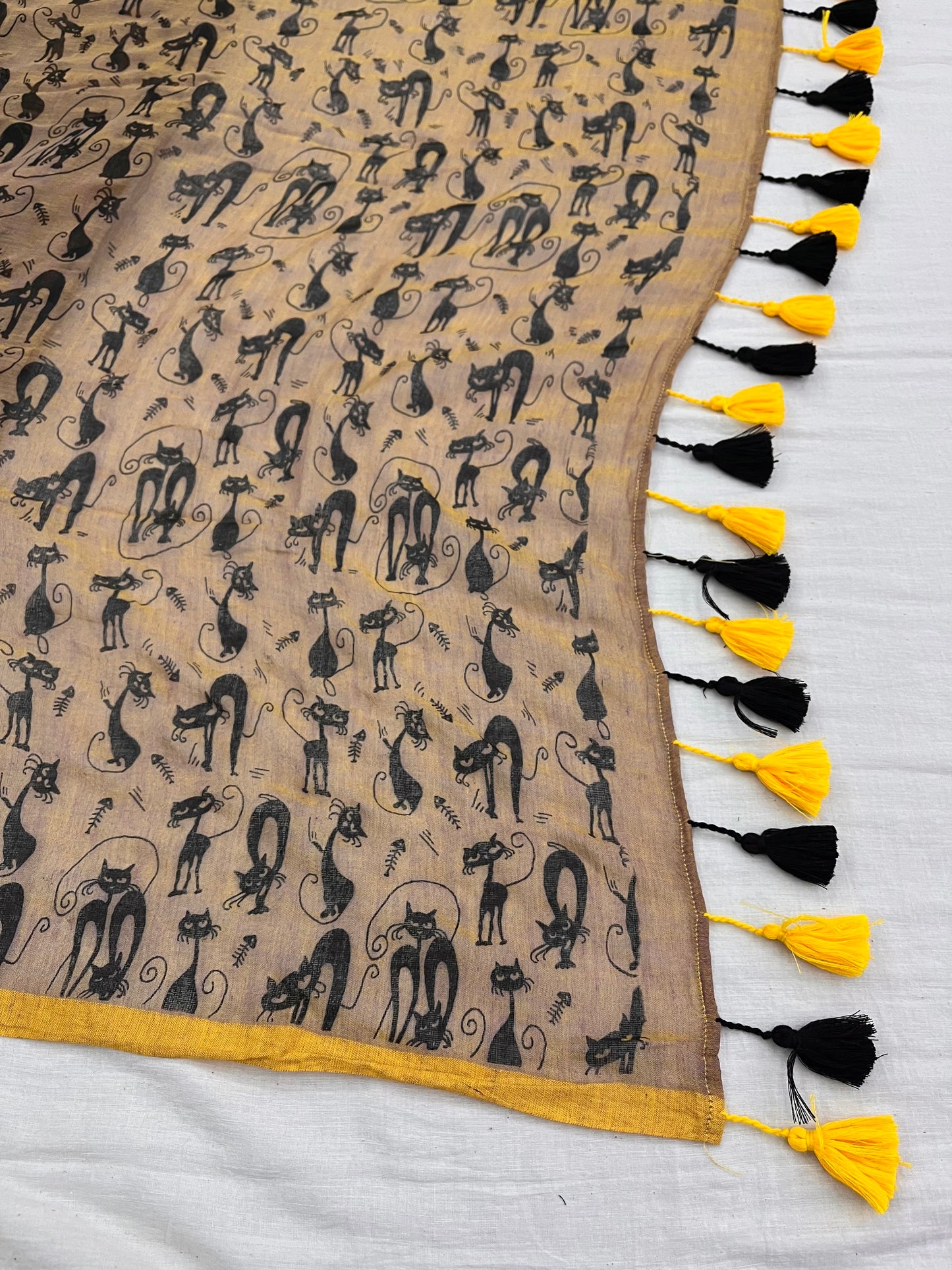 Yellow Mellow Cat Print Mulmul Saree