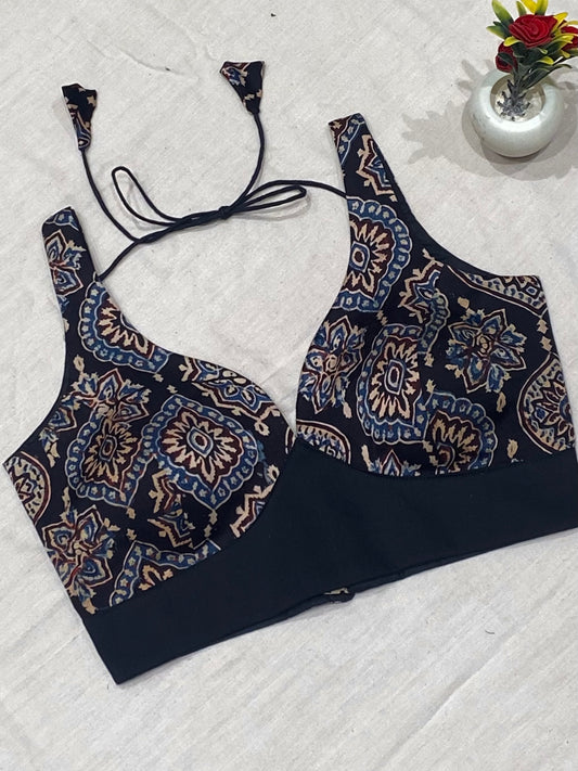 Blue Black Ajrakh Modal Silk Leaf Neck Blouse