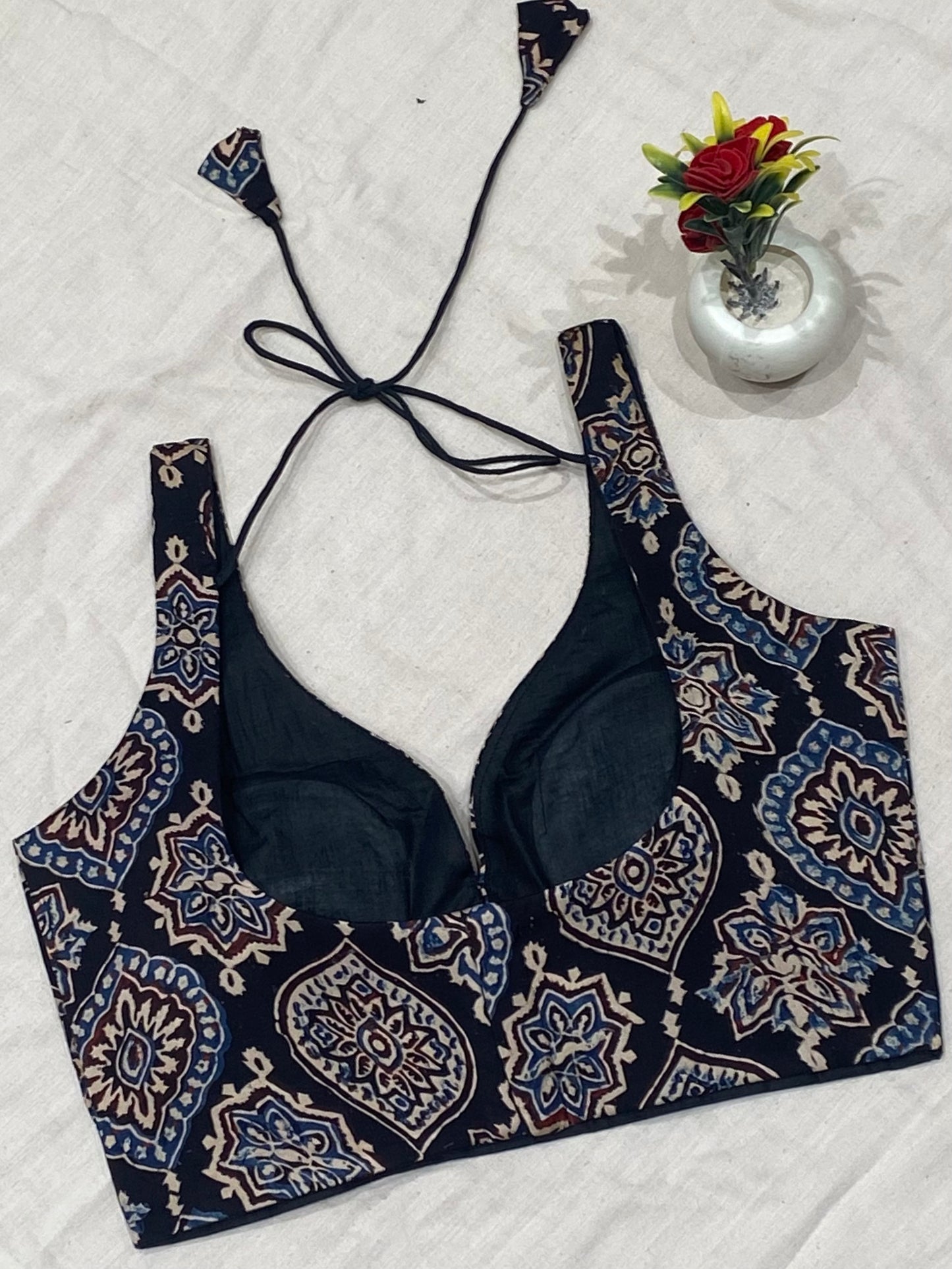 Blue Black Ajrakh Modal Silk Leaf Neck Blouse