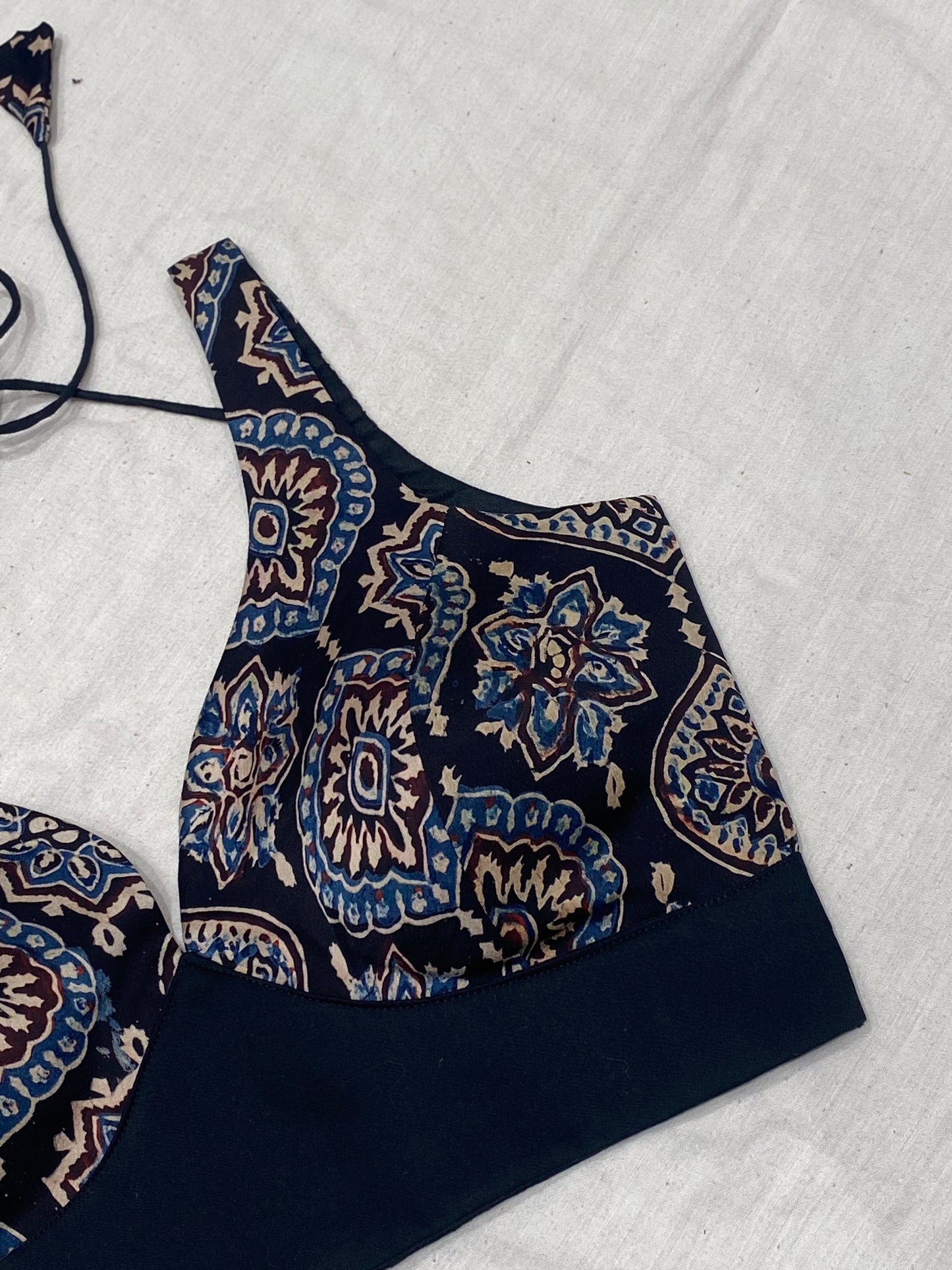 Blue Black Ajrakh Modal Silk Leaf Neck Blouse