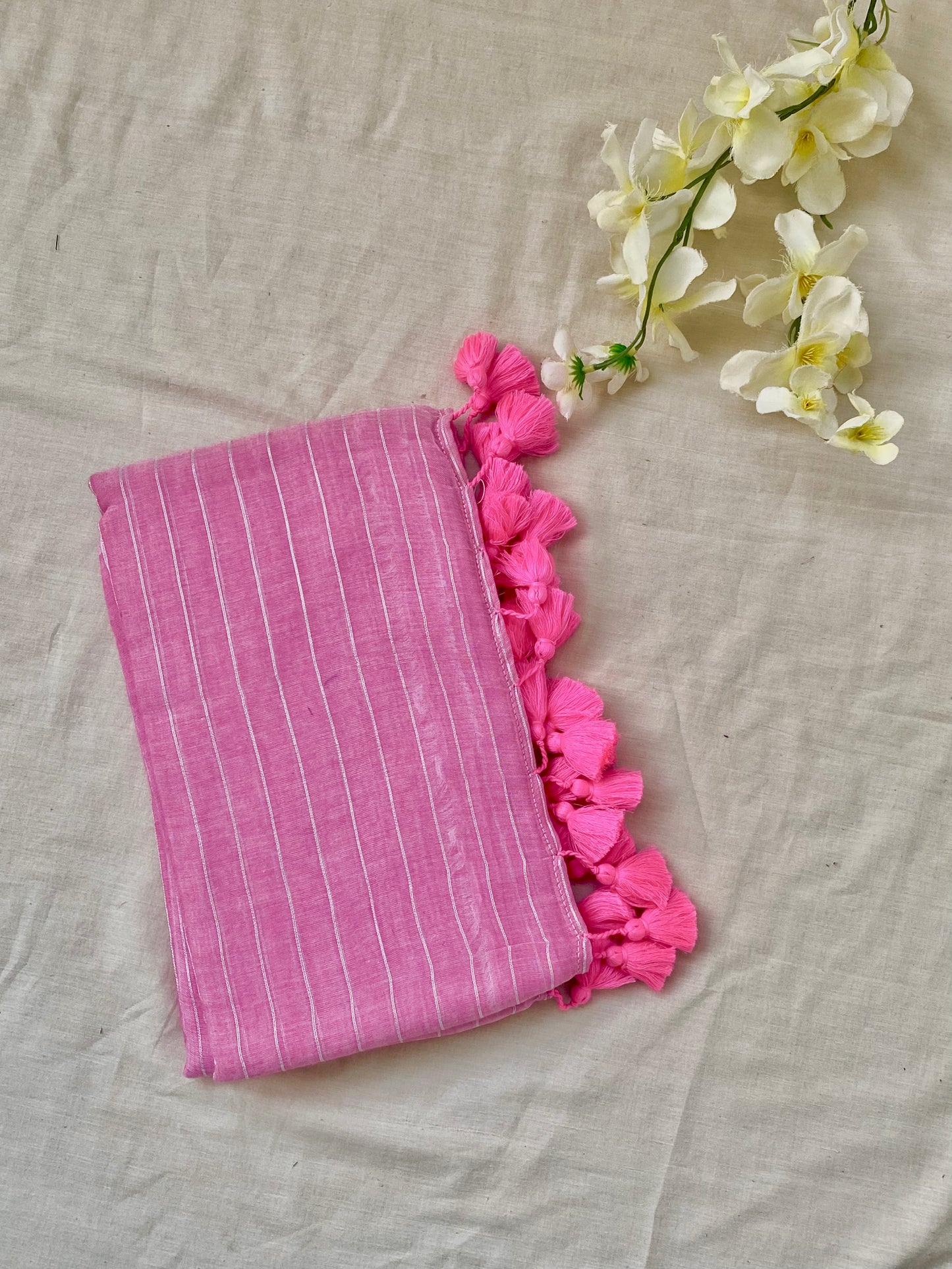 Pink Zari Lines Mulmul Saree