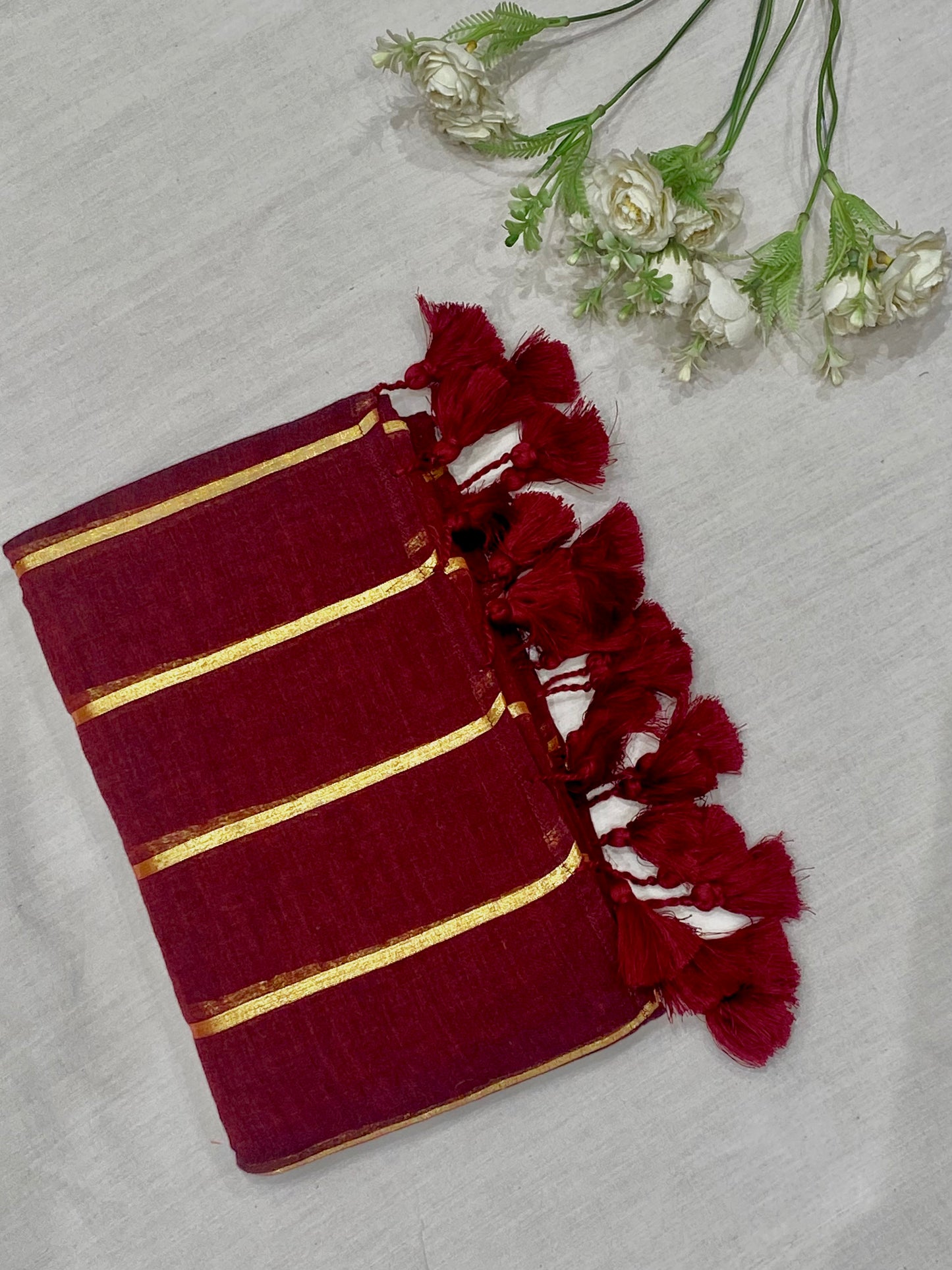 Maroon Zari Stripes Mulmul Saree