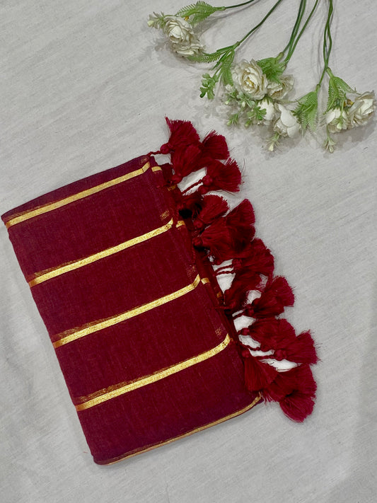 Maroon Zari Stripes Mulmul Saree