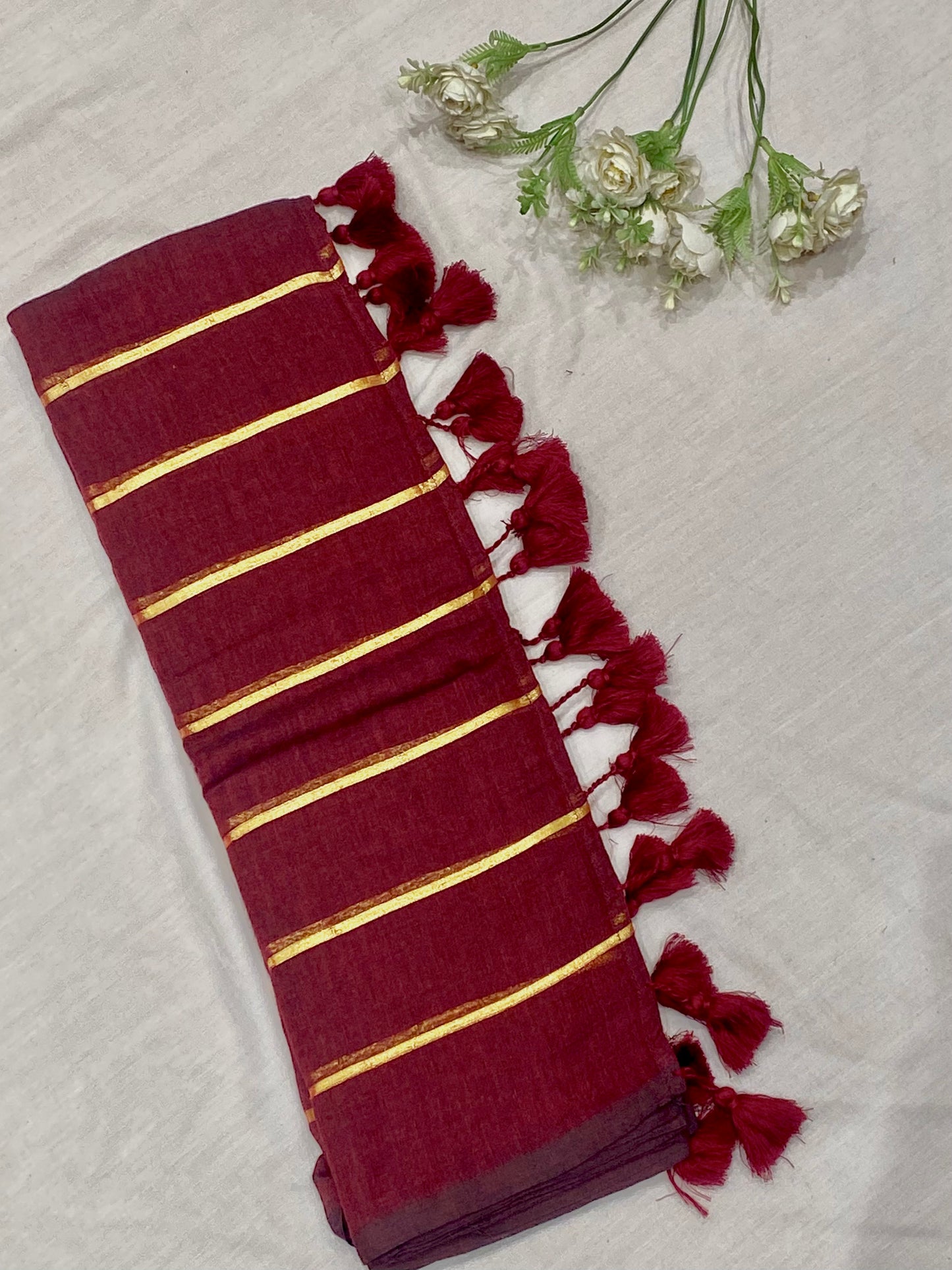 Maroon Zari Stripes Mulmul Saree