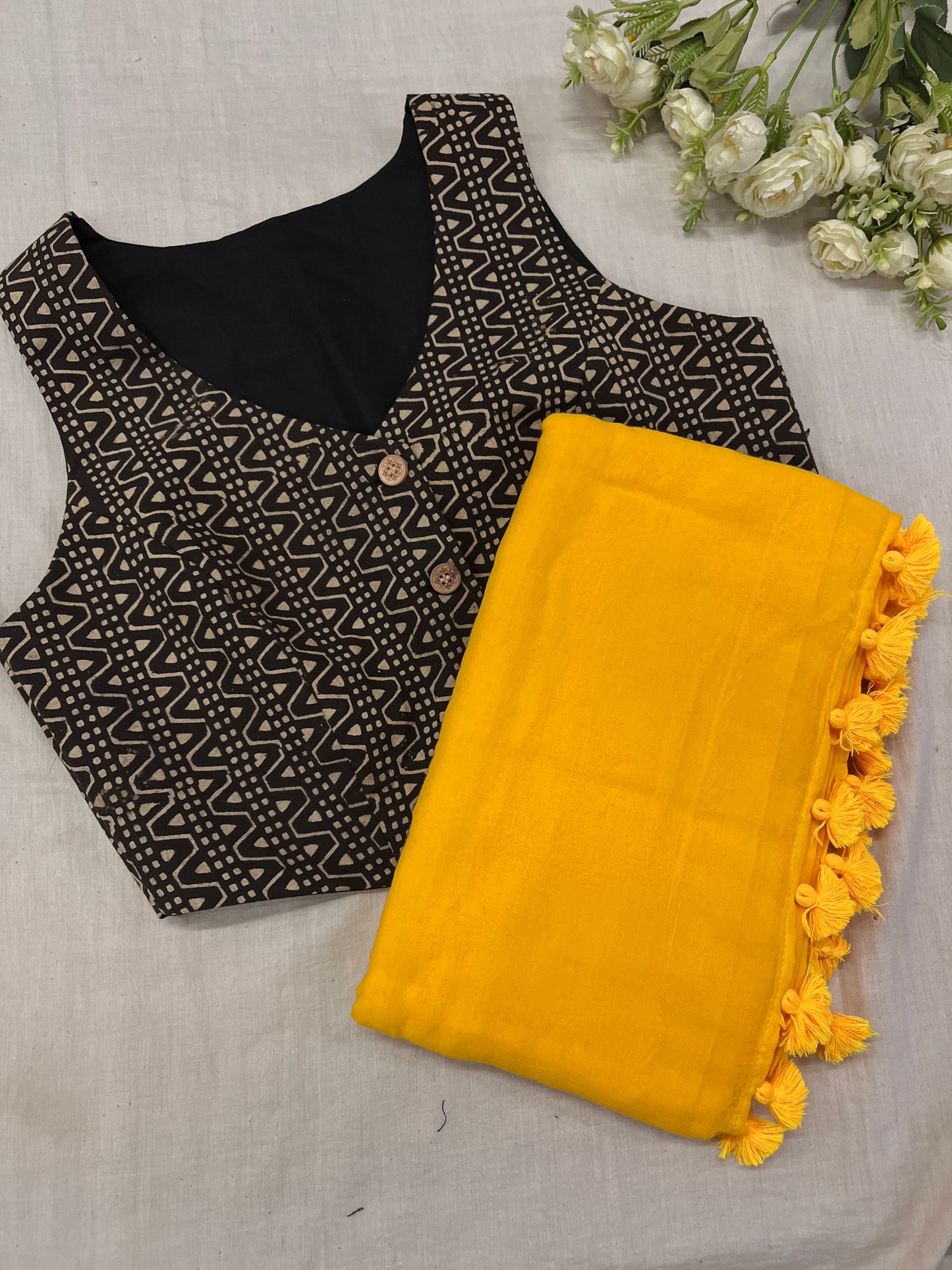 Yellow Saree Ajrakh Crop Top Blouse Combo Set