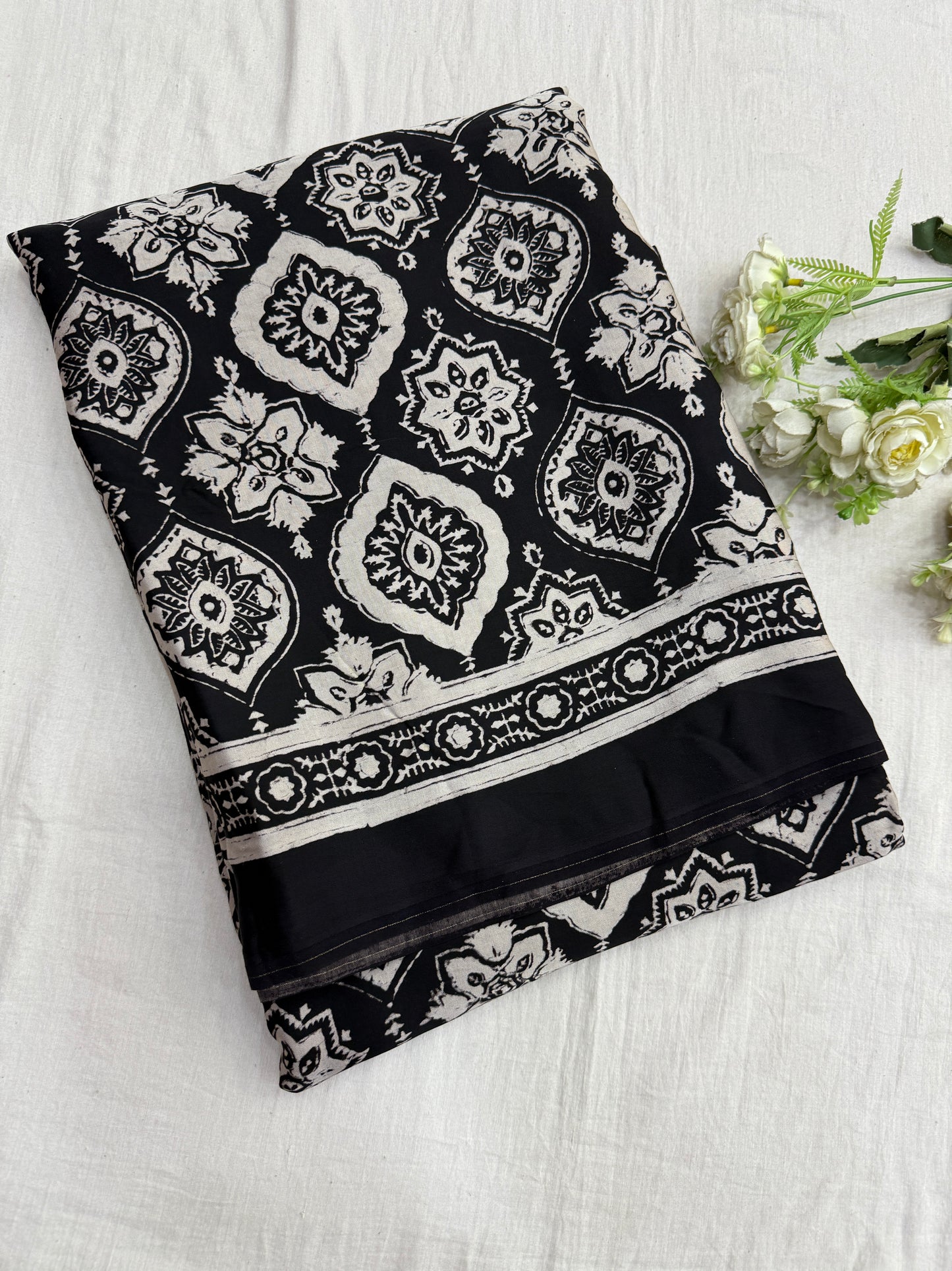 Black Cream Badam Ajrakh Print Modal Silk Saree