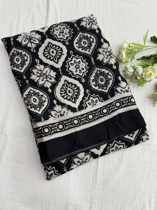 Black Cream Badam Ajrakh Print Modal Silk Saree