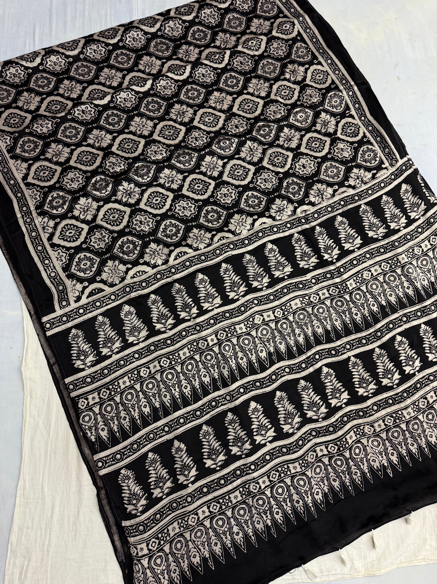 Black Cream Badam Ajrakh Print Modal Silk Saree