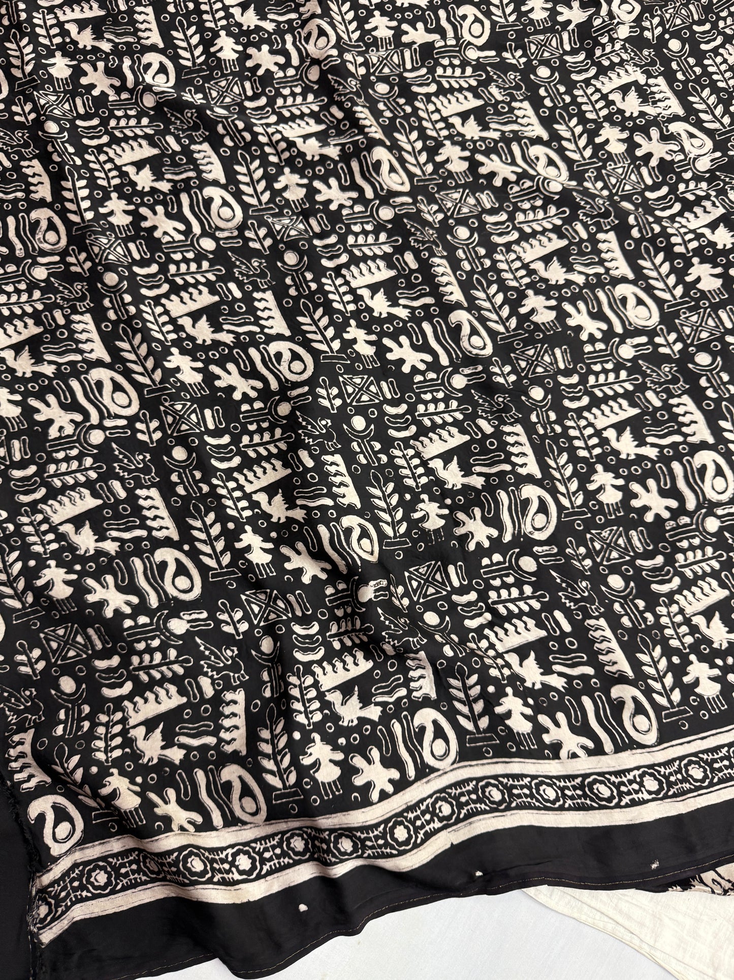 Black Cream Badam Ajrakh Print Modal Silk Saree