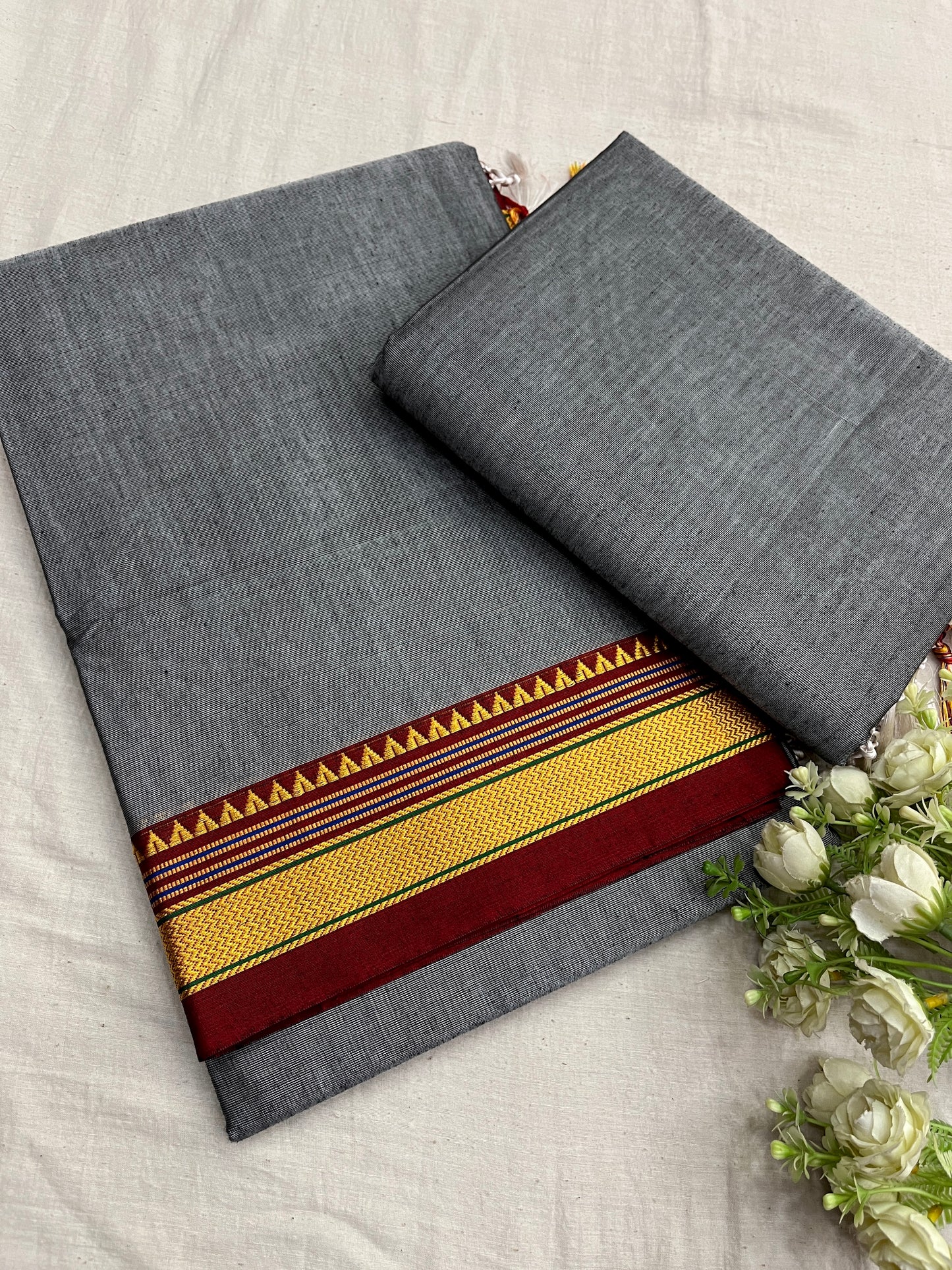 Grey Maroon Rayon Cotton Ilkal Saree