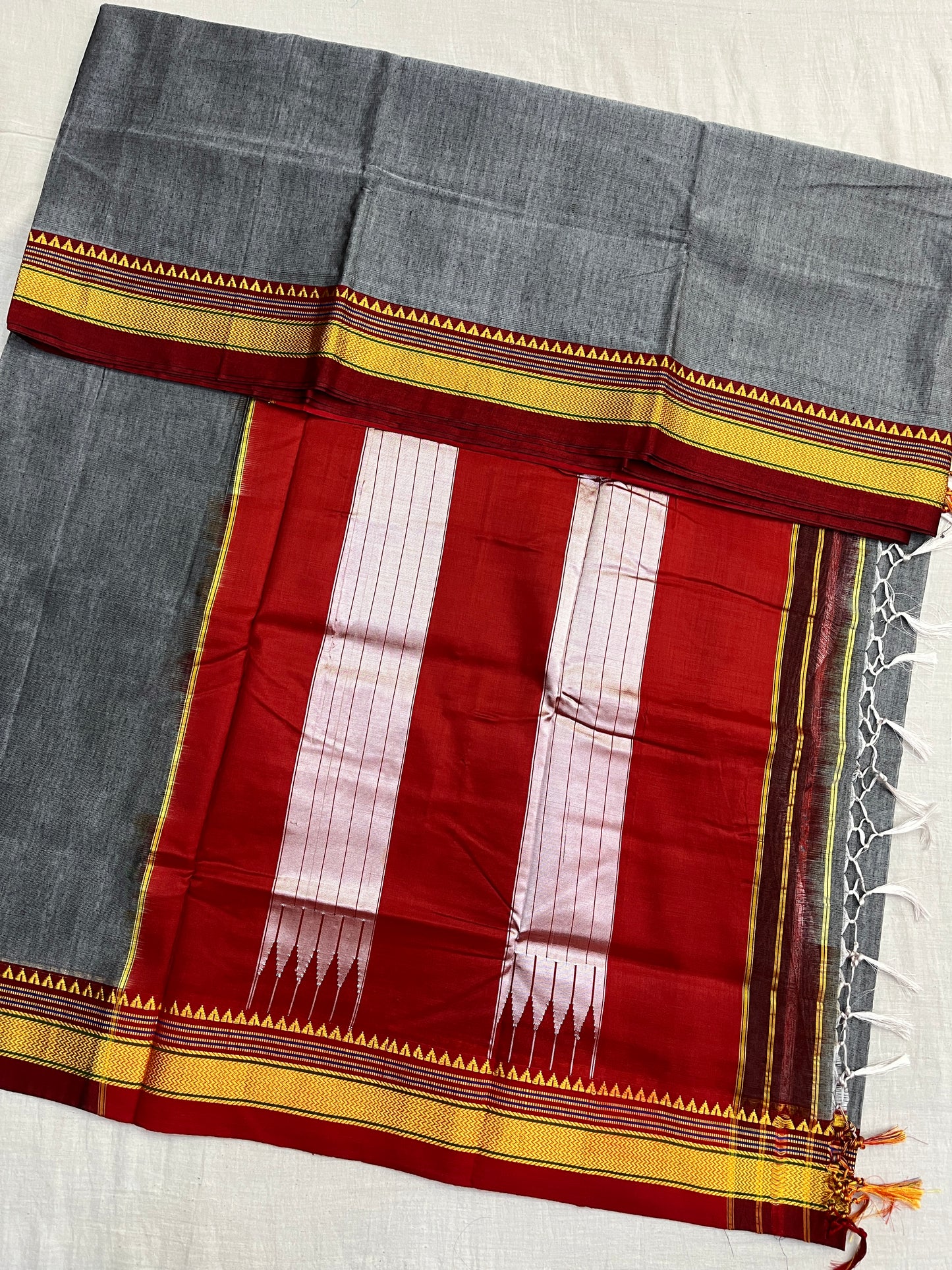 Grey Maroon Rayon Cotton Ilkal Saree