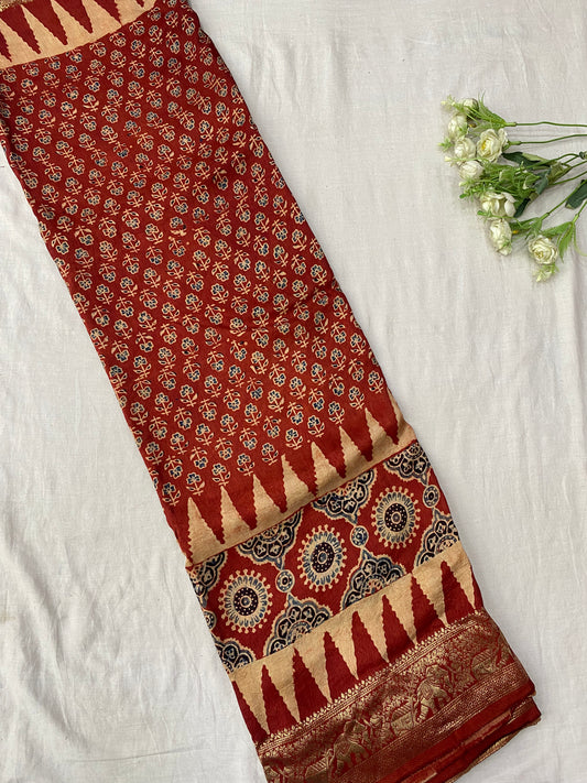 Ajrakh Dola Silk Saree 28
