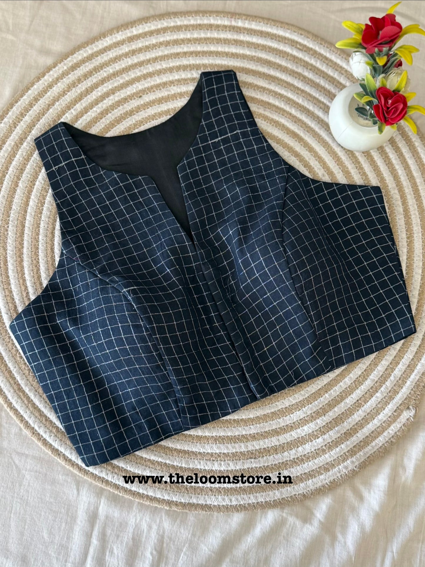 Blue Black Sungudi Cotton Racer Back Blouse