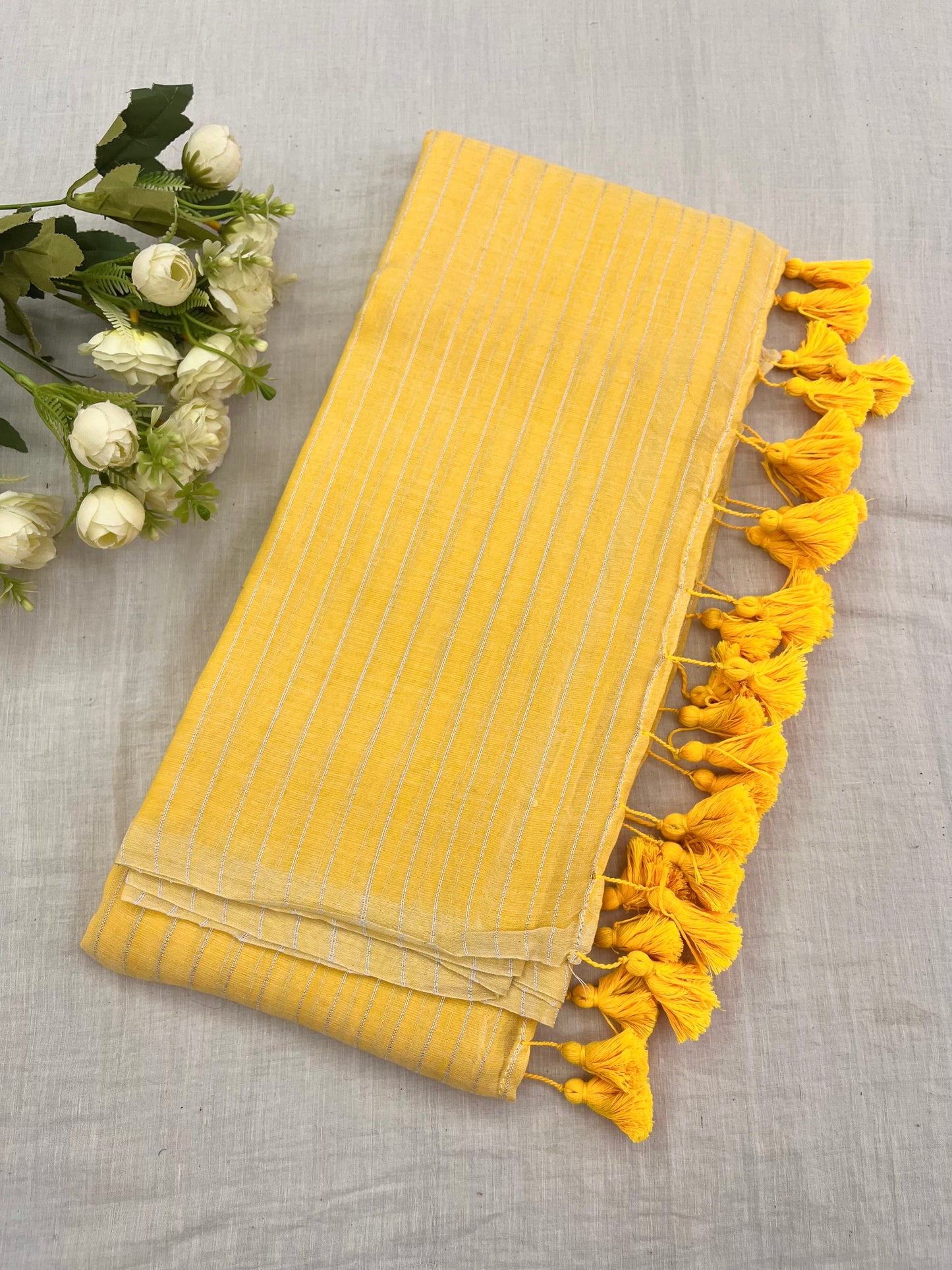 Yellow Zari Lines Mulmul Saree