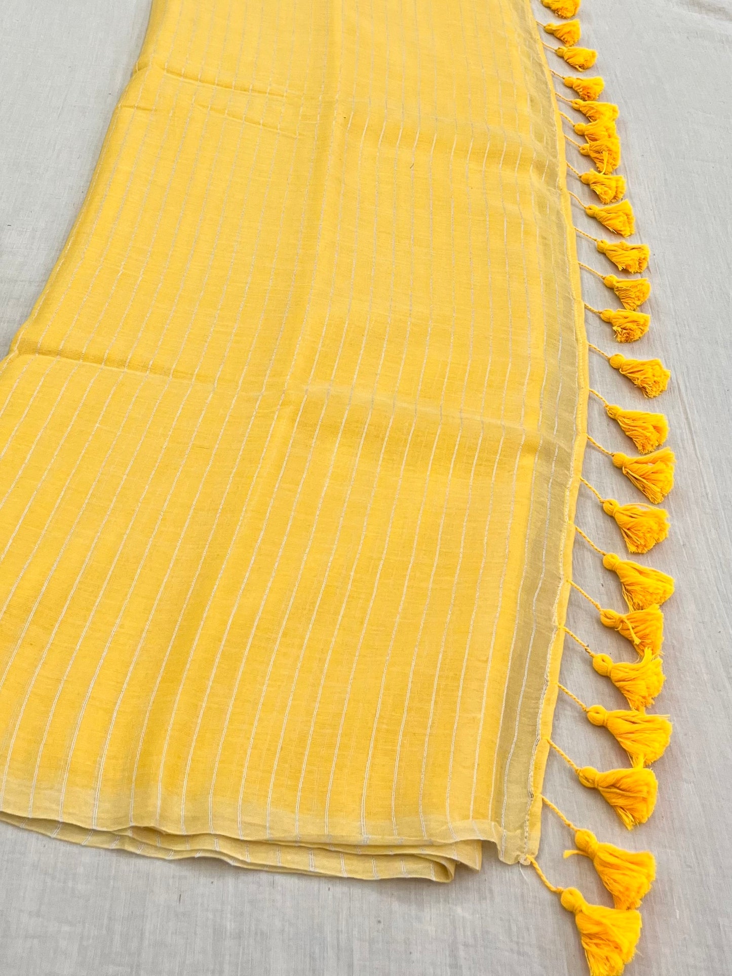 Yellow Zari Lines Mulmul Saree