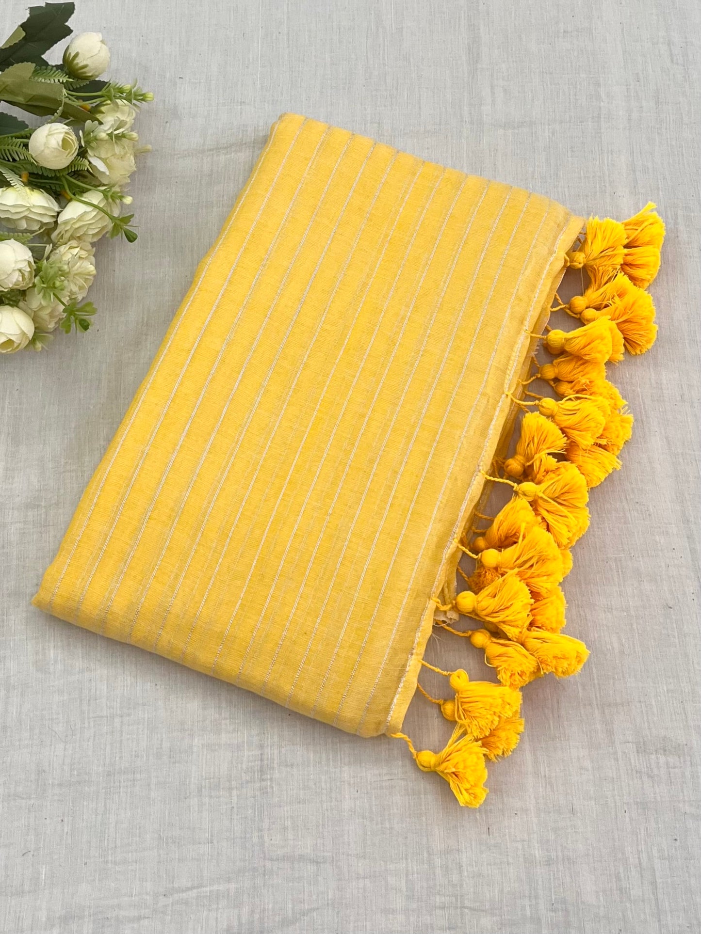 Yellow Zari Lines Mulmul Saree