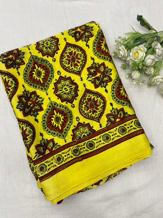 Yellow Badam Ajrakh Print Modal Silk Saree