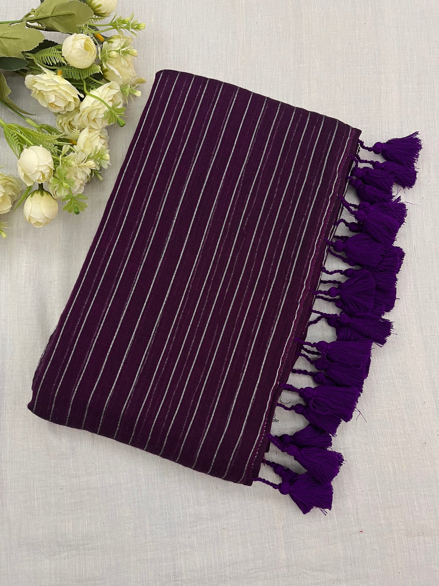 Purple Wine Zari Lines Mulmul Saree