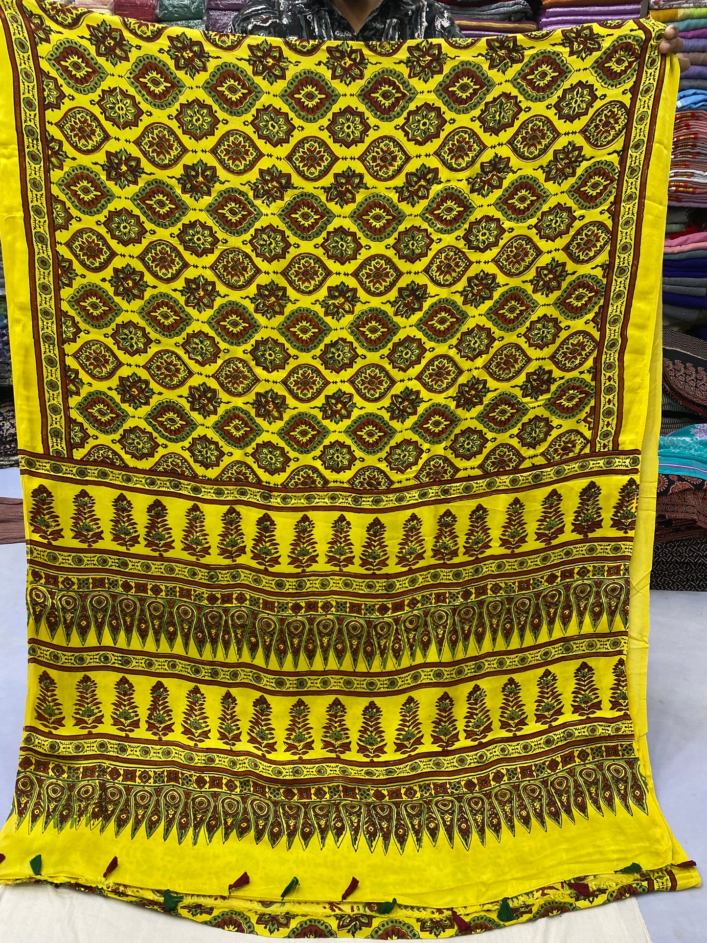 Yellow Badam Ajrakh Print Modal Silk Saree