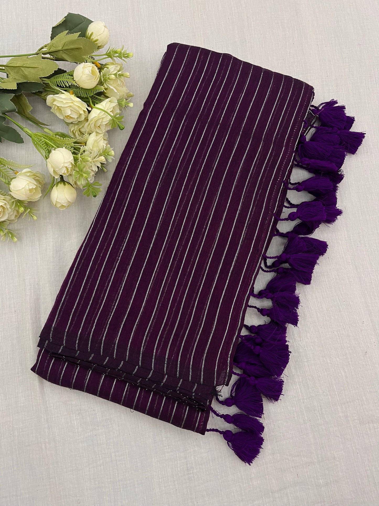 Purple Wine Zari Lines Mulmul Saree