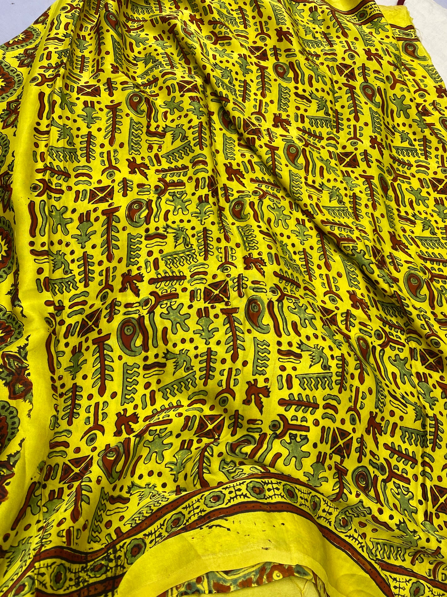 Yellow Badam Ajrakh Print Modal Silk Saree