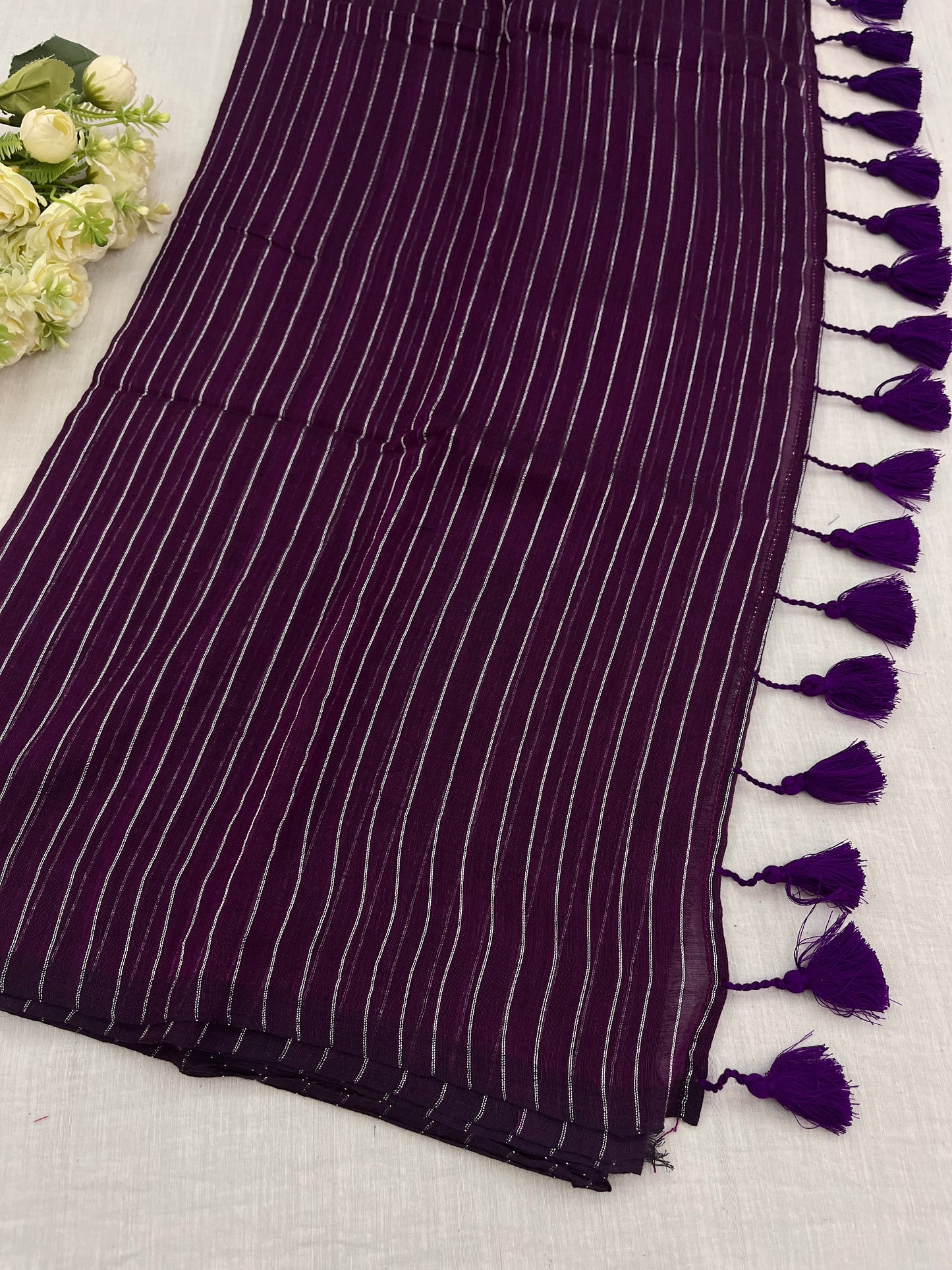 Purple Wine Zari Lines Mulmul Saree