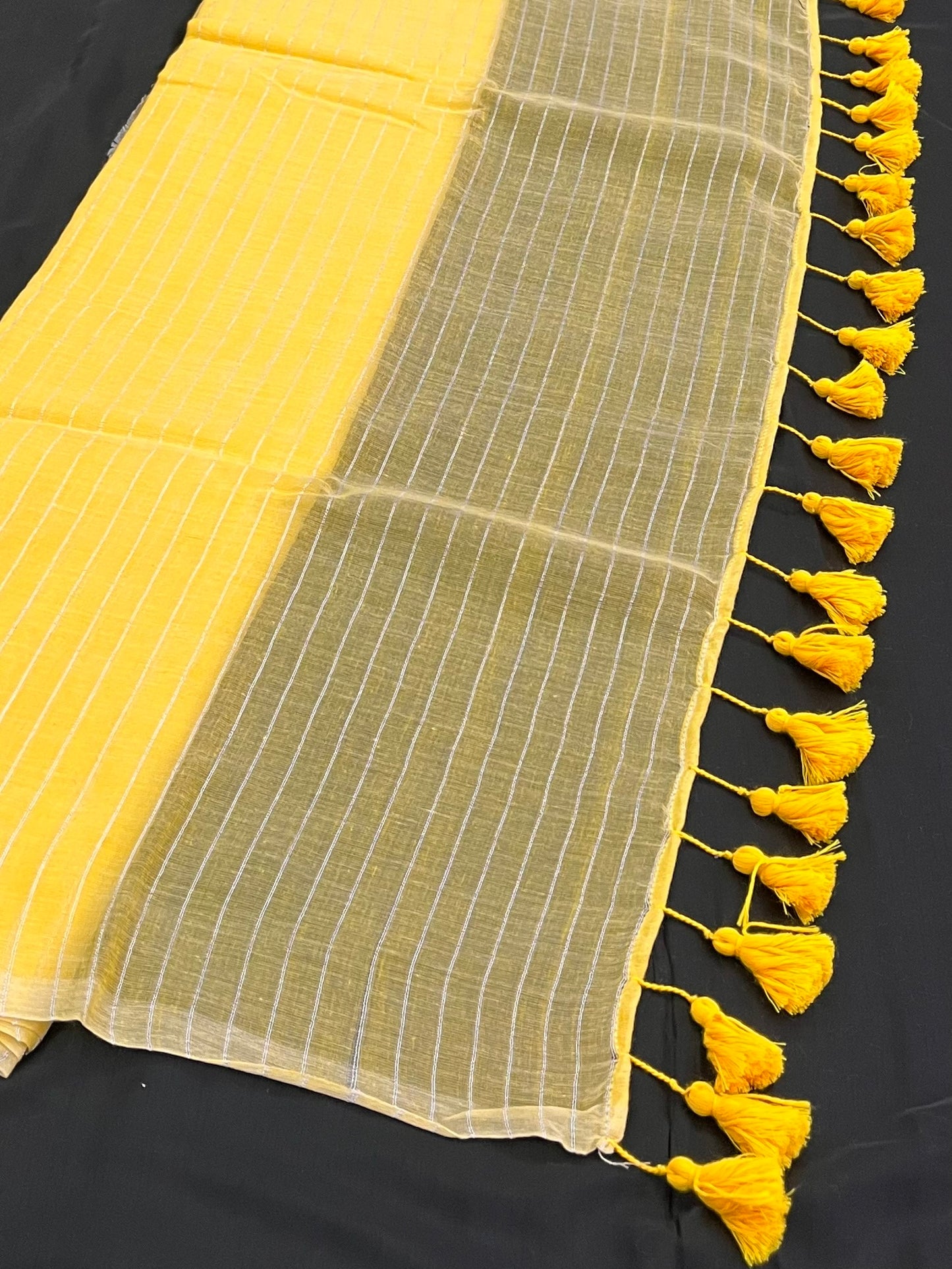 Yellow Zari Lines Mulmul Saree