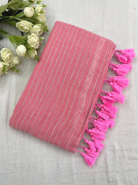 Pink Zari Lines Mulmul Saree