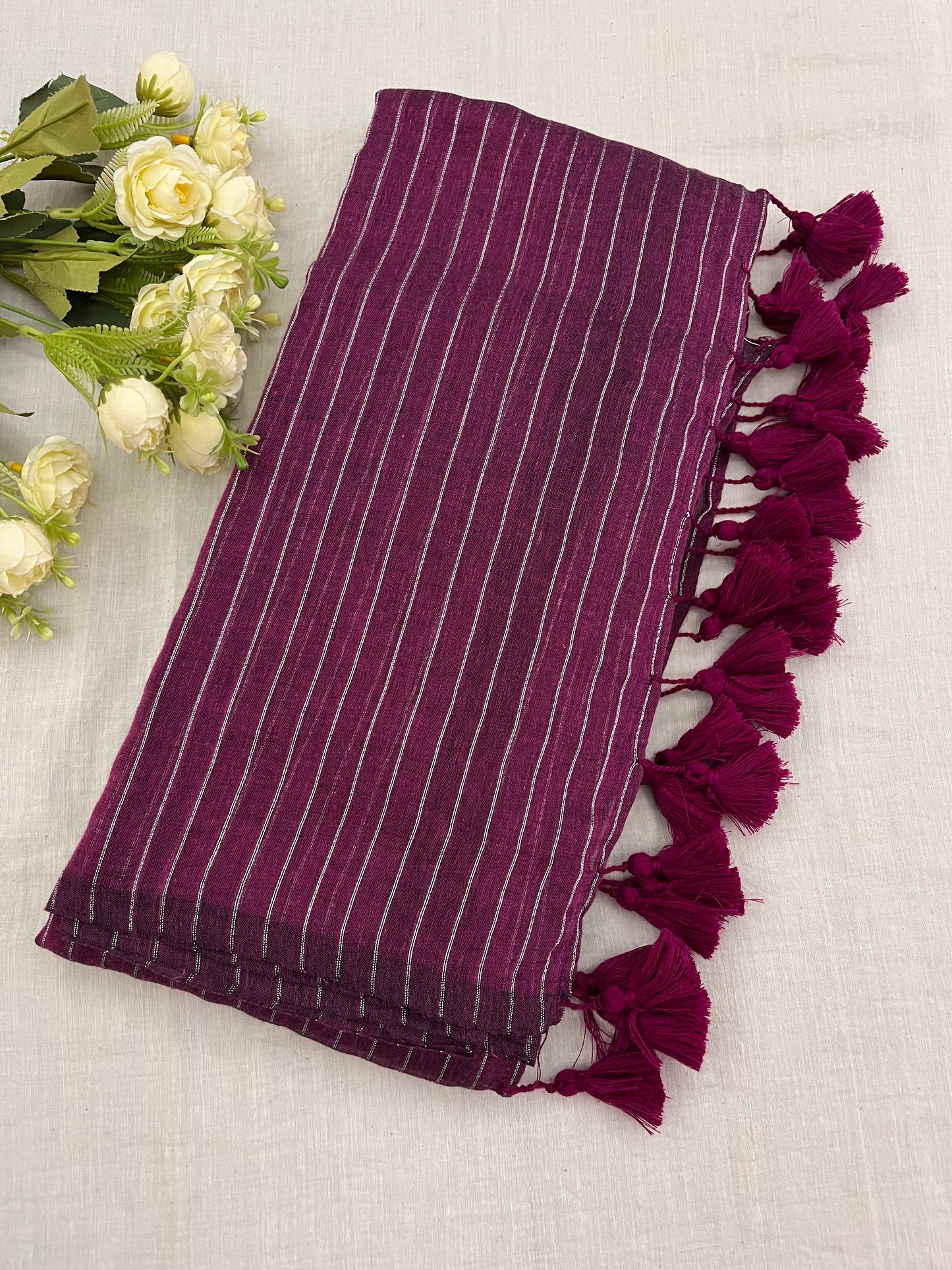 Wine Zari Lines Mulmul Saree