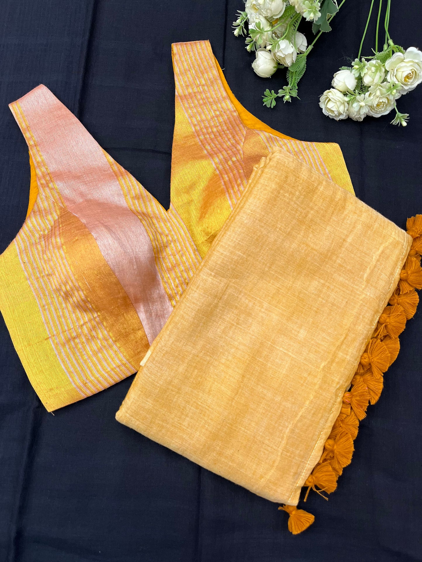 Mustard Mulmul Saree - Tissue Blouse Combo Set