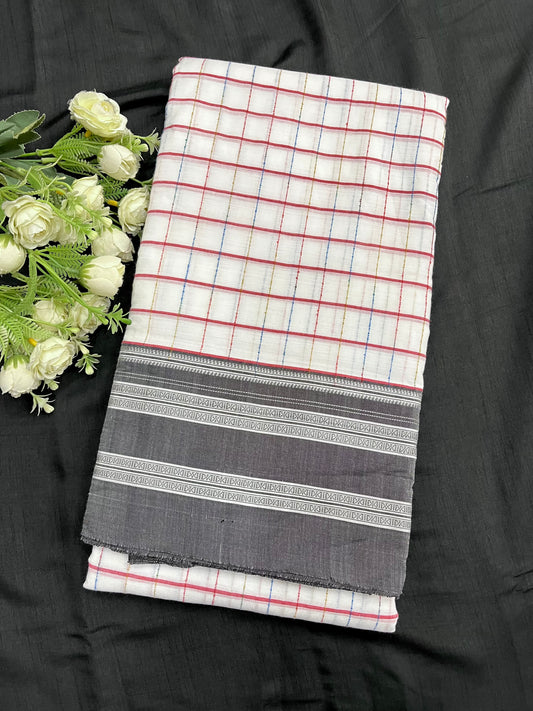 White Red Checks Grey Border Ilkal Saree