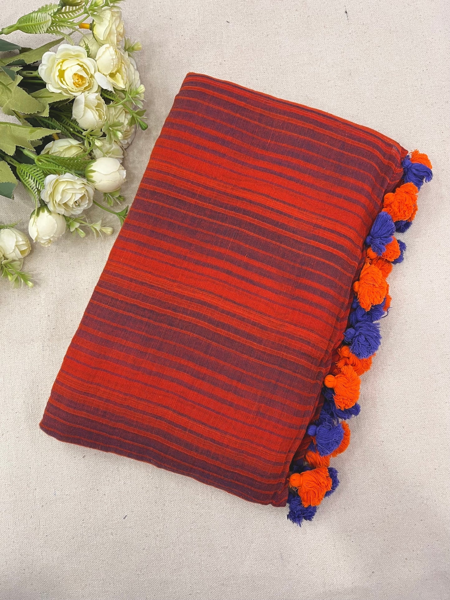 Orange Blue Stripes Mulmul Saree