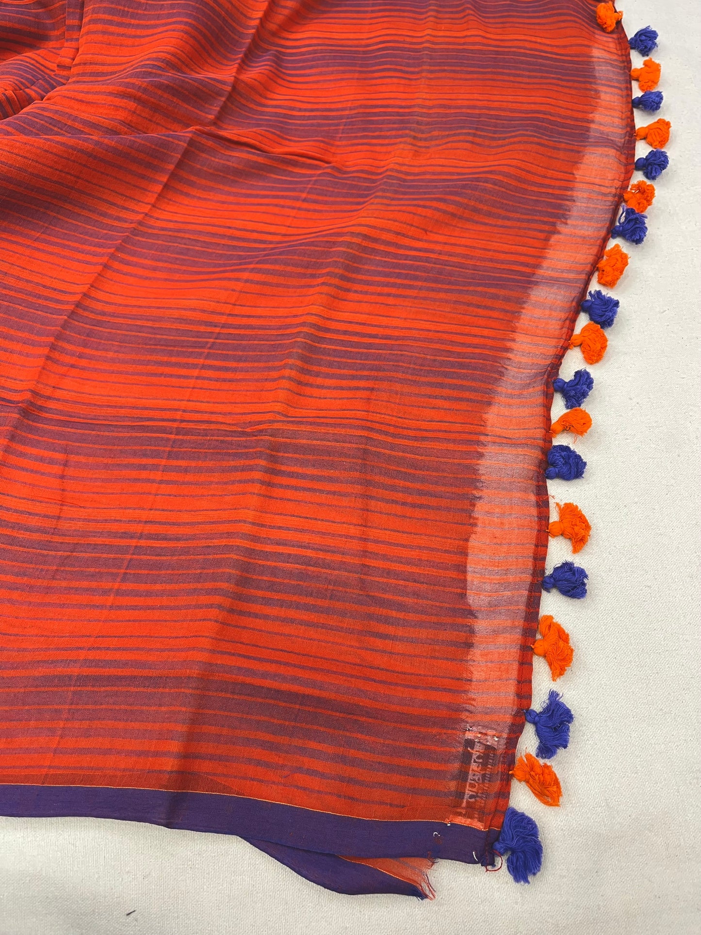 Orange Blue Stripes Mulmul Saree