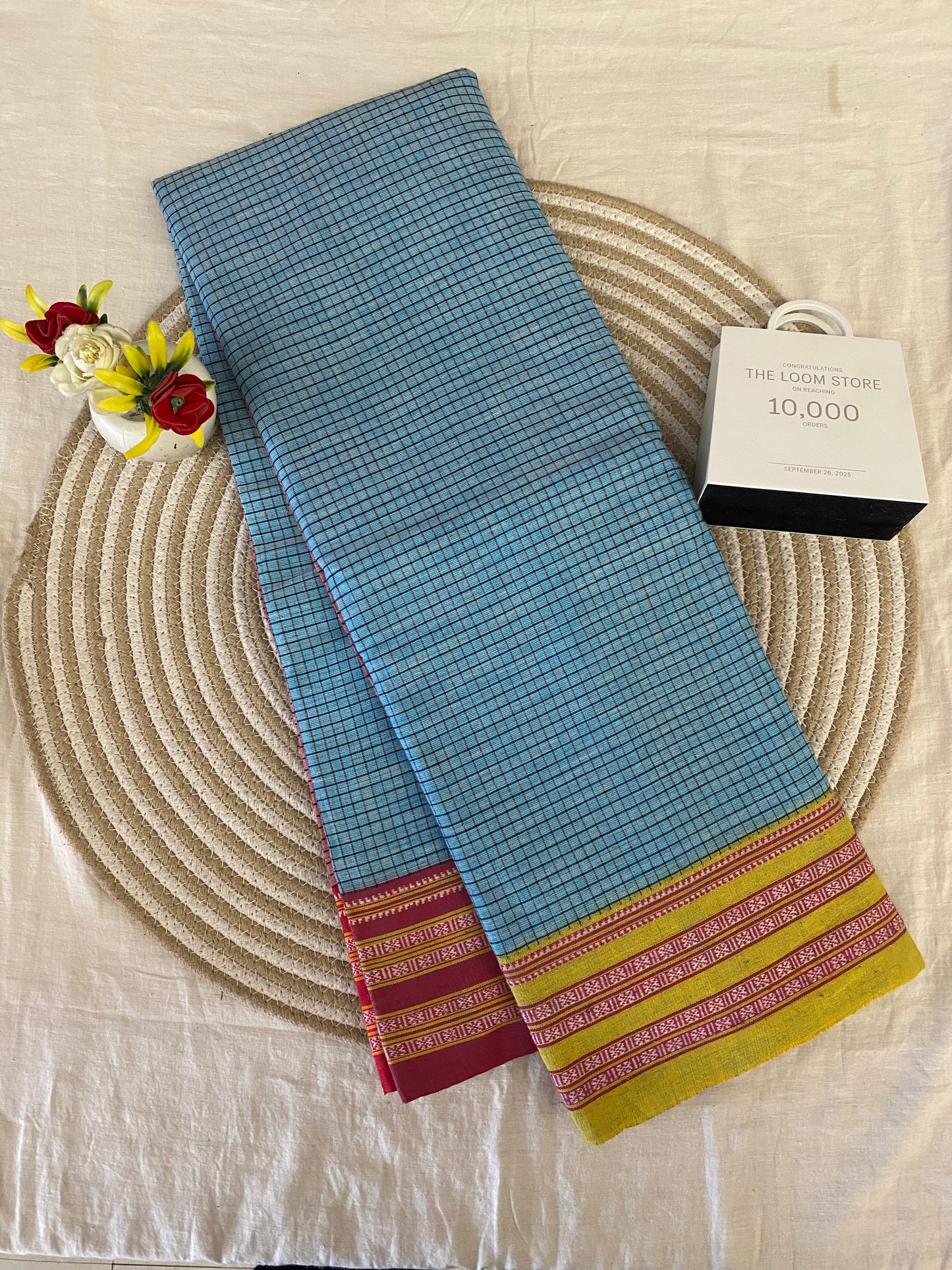 Sky Blue Yellow Red Gadi Dadi Border Patteda Anchu Saree