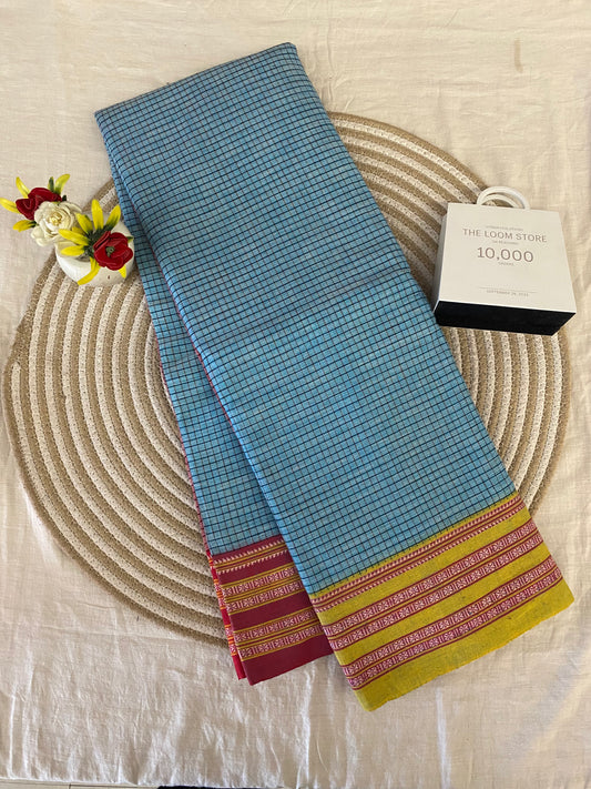 Sky Blue Yellow Red Gadi Dadi Border Patteda Anchu Saree