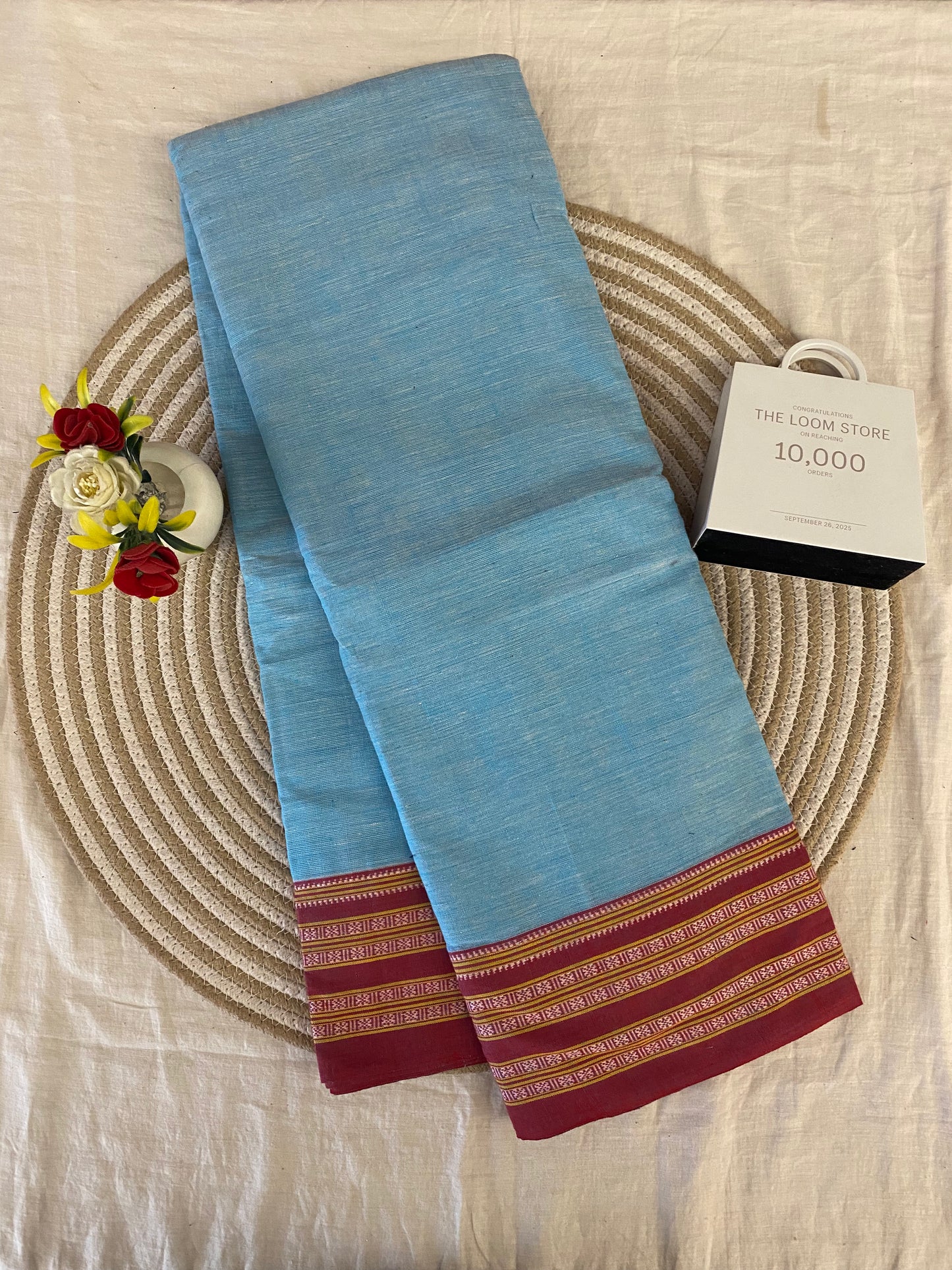 Sky Blue Maroon Gadi Dadi Border Patteda Anchu Saree